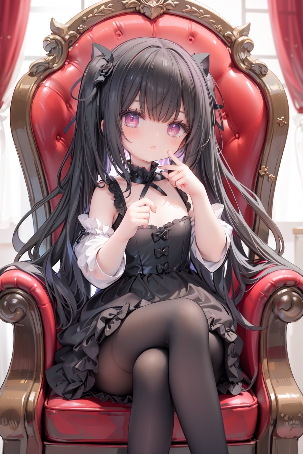 masterpiece, ((best quality)), (ultra-detailed), (illustration), an extremely delicate and beautiful girl, dynamic angle, chromatic aberration, ((colorful)),//,1girls,loli,(petite child:1.1),//,(in Gothic castle),girl with black hair,red eyes,Vertical pupil,long hair,hair arrangement,(Detailed face description),(batwing),(Gothic Lolita),(bat tail),alccandlestick,Cathedral glass,,short skirt,black pantyhose,red lace,high heels,rose tattoo,throne,sitting,crossed legs,//,