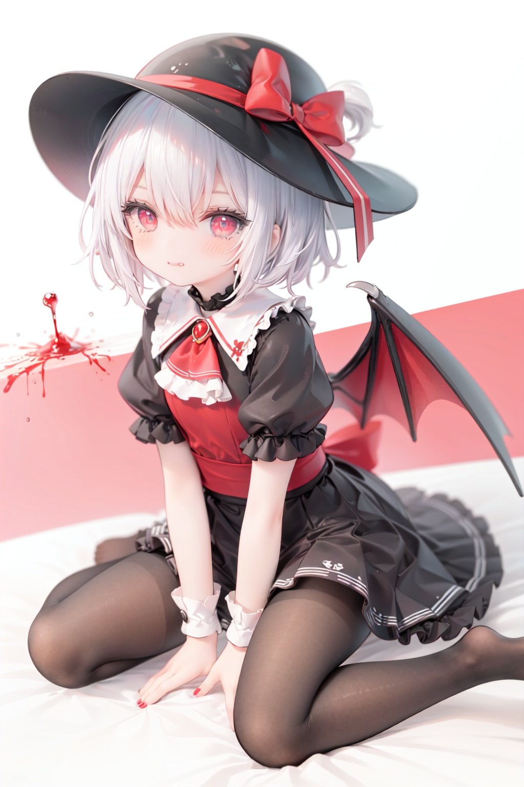 (little girl:1.4), (child:1.4),(petite:1.4), (loli:1.4),,,((solo:1.3)).,1girl, solo, wings, red eyes, hat, remilia scarlet, red background, mob cap, bat wings, ascot, blood, short sleeves, bow, short hair, ribbon, blood on hands, looking at viewer, simple background, full body, puffy sleeves, hat ribbon, blood on face, dress, brooch, red nails, pantyhose, red bow, puffy short sleeves, smile, black pantyhose, wrist cuffs, red ribbon, sitting, jewelry, red ascot, frills, hair between eyes, skirt, white dress, fingernails, sash, shirt, nail polish, no shoes, red theme, sharp fingernails, bangs, tongue, hat bow, grey hair, closed mouth, tongue out, white headwear, slit pupils, blood on clothes, skirt set, hand up, frilled sleeves, invisible chair, white skirt, vampire, frilled shirt collar/.,\nSolo,Battle, {{{{{Slash}}}}},Killing,Attacker,{{Fierce movement}},Ninja,Bloodstain,Core shadow,splatter,{Blood},{{{{Battle scene}}}},angry,Intricate,,{{{Dynamic angle}}},{Stylish pose},{High contrast,Extremely detailed CG unity 8K wallpaper} Sense of movement,blurry background,Kaotic,Lunatic,[[[[[hyper paint, rough design, flat color]]]]],Grin,Whole body,Colorful background,Intricate,Girl wearing black suit,Looking at viewers,{{Stylish}},Persona 5 style art,{{{all out attack(persona 5)}}}