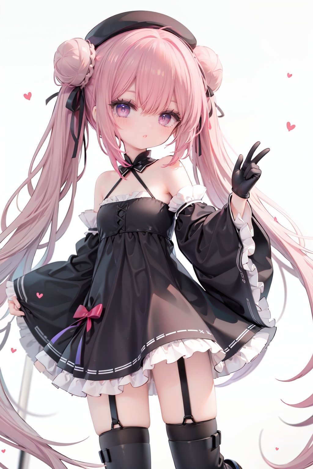 1girl, dress, double bun, hair bun, long hair, black dress, twintails, looking at viewer, smile, hat, bangs, brown hair, white background, solo, open mouth, blush, black headwear, very long hair, garter straps, thighhighs, bare shoulders, beret, :d, ribbon, black gloves, simple background, long sleeves, nail polish, black footwear, red ribbon, bow, gloves, wide sleeves, animal, hair ribbon, boots, red nails, sheath, sheathed, hair between eyes