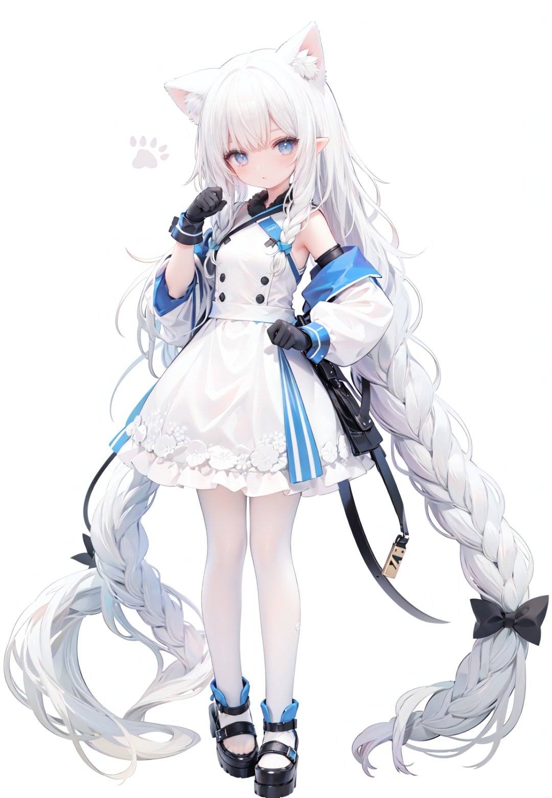 1girl, white_gloves, braid, full_body, gloves, long_hair, official_alternate_costume, pointy_ears, simple_background, solo, standing, very_long_hair, white_background,white hair,blue eyes,paw claw pose, open_mouth,