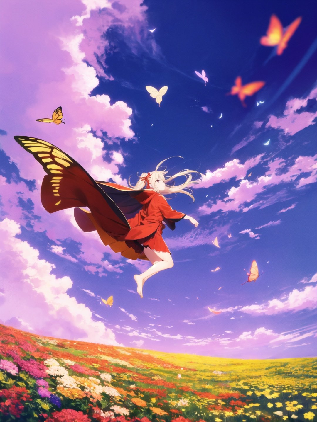 1 girl,HDR,high contrast,red classical robe,flying long hair,short skirt,hair tied with red ribbon,wind chimes,full body,soft clothing texture,eyes looking at the audience,flowers,butterflies,barefoot,red ribbon fluttering in the wind,<lora:ABC-000008:0.7>,