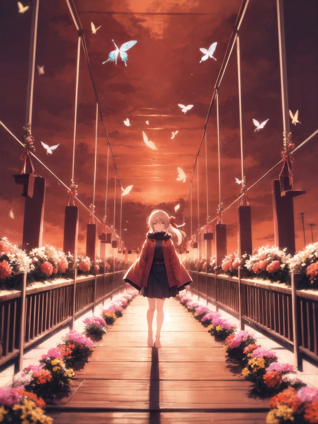 1 girl,HDR,high contrast,red classical robe,flying long hair,short skirt,hair tied with red ribbon,wind chimes,full body,soft clothing texture,eyes looking at the audience,flowers,butterflies,barefoot,red ribbon fluttering in the wind,<lora:ABC-000008:0.7>,