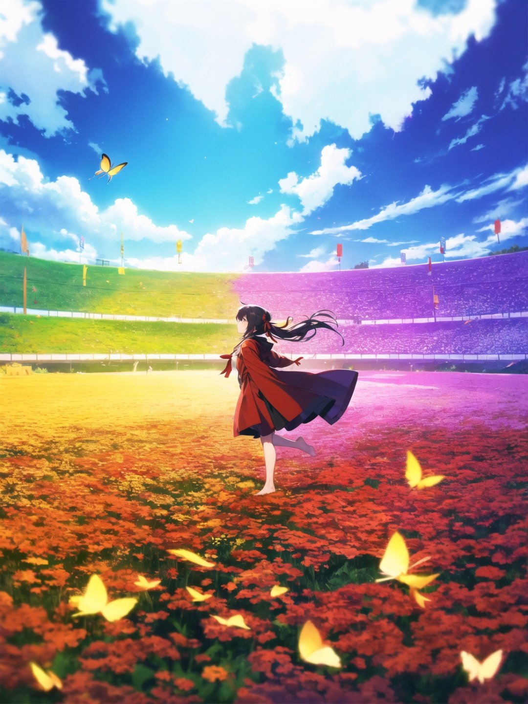 1 girl,HDR,high contrast,red classical robe,flying long hair,short skirt,hair tied with red ribbon,wind chimes,full body,soft clothing texture,eyes looking at the audience,flowers,butterflies,barefoot,red ribbon fluttering in the wind,<lora:ABC-000008:0.7>,