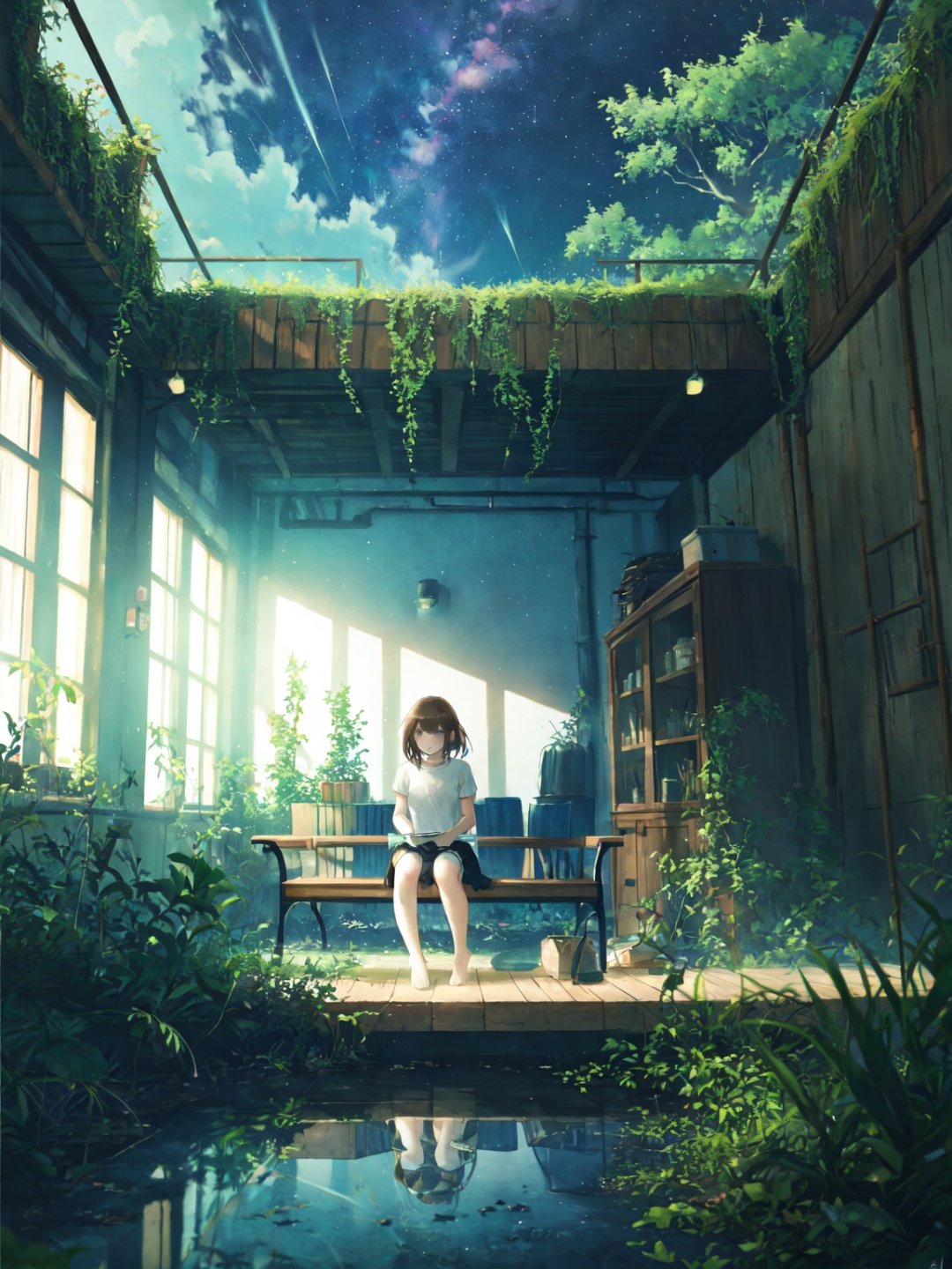 1girl, barefoot, bench, brown hair, bush, dragon, holding clothes, horizon, indoors, landscape, no humans, overgrown, reflection, scenery, shirt, short sleeves, signature, skirt, sky, starry sky, sunlight, white shirt<lora:ABC-000008:0.7>,