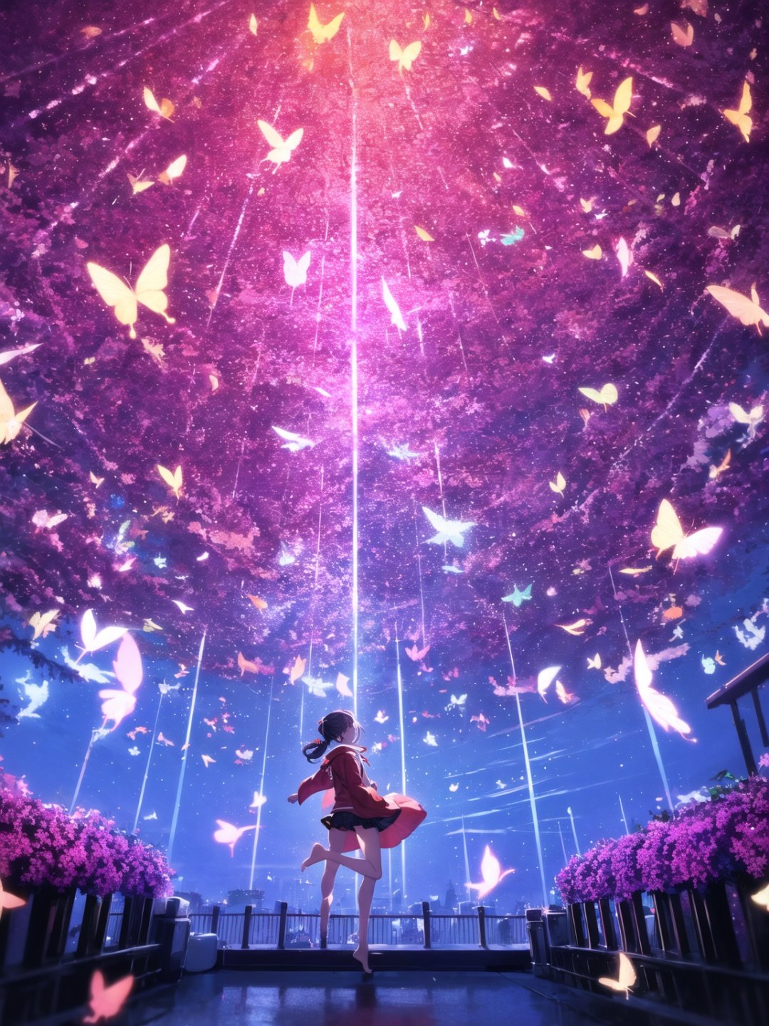 1 girl, HDR, high contrast, red classical robe, flying long hair, short skirt, hair tied with red ribbon, wind chimes, full body, soft clothing texture, eyes looking at the audience, flowers, butterflies, barefoot, red ribbon fluttering in the wind ,<lora:ABC-000008:0.7>,