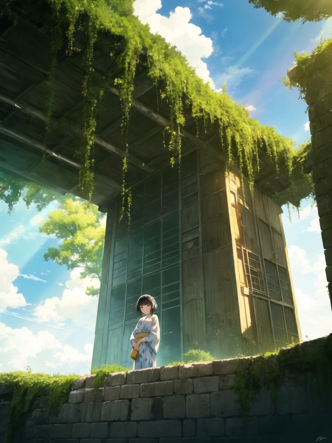 1girl,black border,black hair,blue sky,building,cloudy sky,day,light rays,no humans,outdoors,overgrown,ruins,scenery,short hair,signature,sky,standing,sunbeam,tree,white shirt,yukata ,<lora:ABC-000008:0.7>,