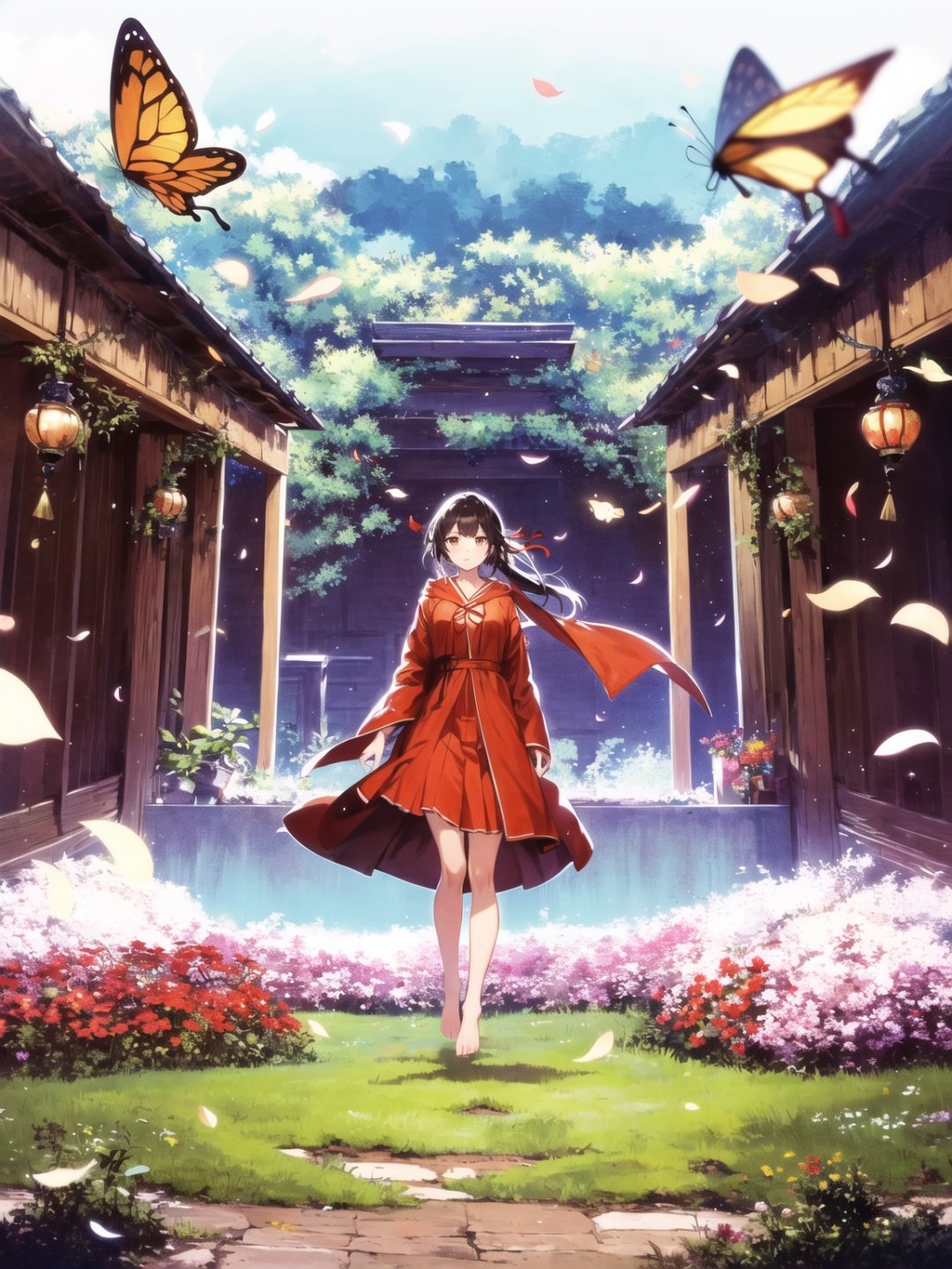 1 girl,HDR,high contrast,red classical robe,flying long hair,short skirt,hair tied with red ribbon,wind chimes,full body,soft clothing texture,eyes looking at the audience,flowers,butterflies,barefoot,red ribbon fluttering in the wind,<lora:ABC-000008:0.7>,