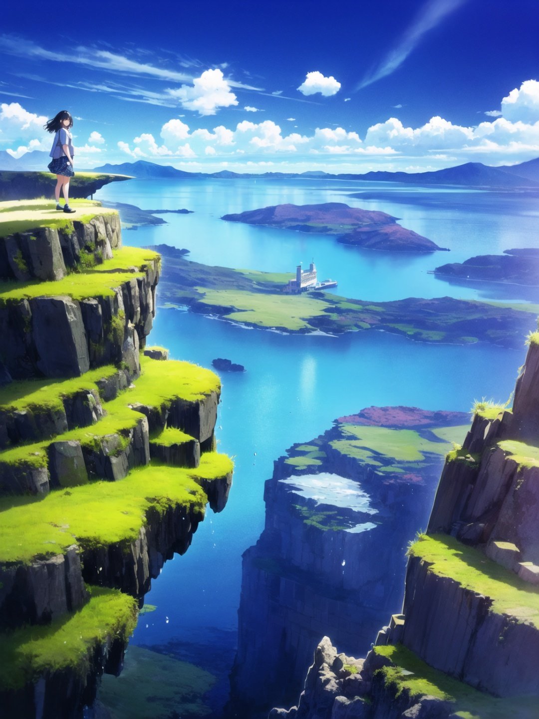 1 girl,HDR,high contrast,black hair, black socks, blue theme, brown eyes, building, cat, closed mouth, cloud, fish, floating island, glass, holding, long hair, moss, mountain, outdoors, plaid skirt, reflective water, scenery, shirt, shoes, short hair, sky, solo, summer, sunlight, white shirt,<lora:ABC-000008:0.7>,