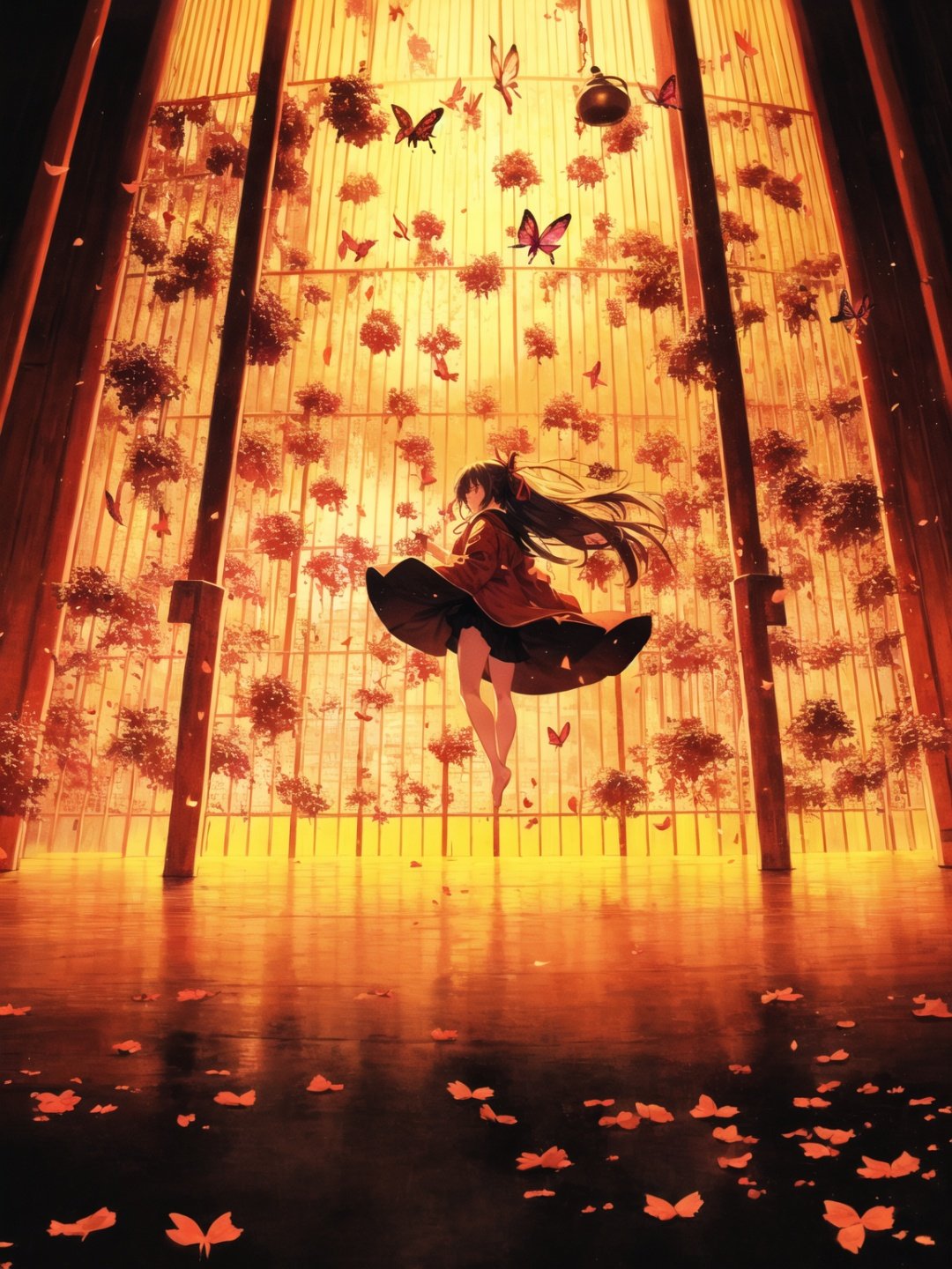 1 girl, HDR, high contrast, red classical robe, flying long hair, short skirt, hair tied with red ribbon, wind chimes, full body, soft clothing texture, eyes looking at the audience, flowers, butterflies, barefoot, red ribbon fluttering in the wind ,<lora:ABC-000008:0.7>,