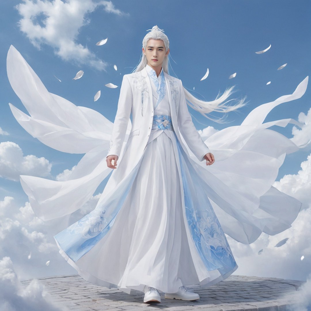 masterpiece, 1 boy, 20 years old, Long white hair, fantastical scenes, full body, White Han suit, Light blue sky, The background is a huge magic array., Characters floating in the air, A lot of particle special effects., (White shoes:1.2), Chinese architecture, Floor, Fallen leaves, Big skirt, Mopping skirt, best quality,True Love,blue and white porcelain