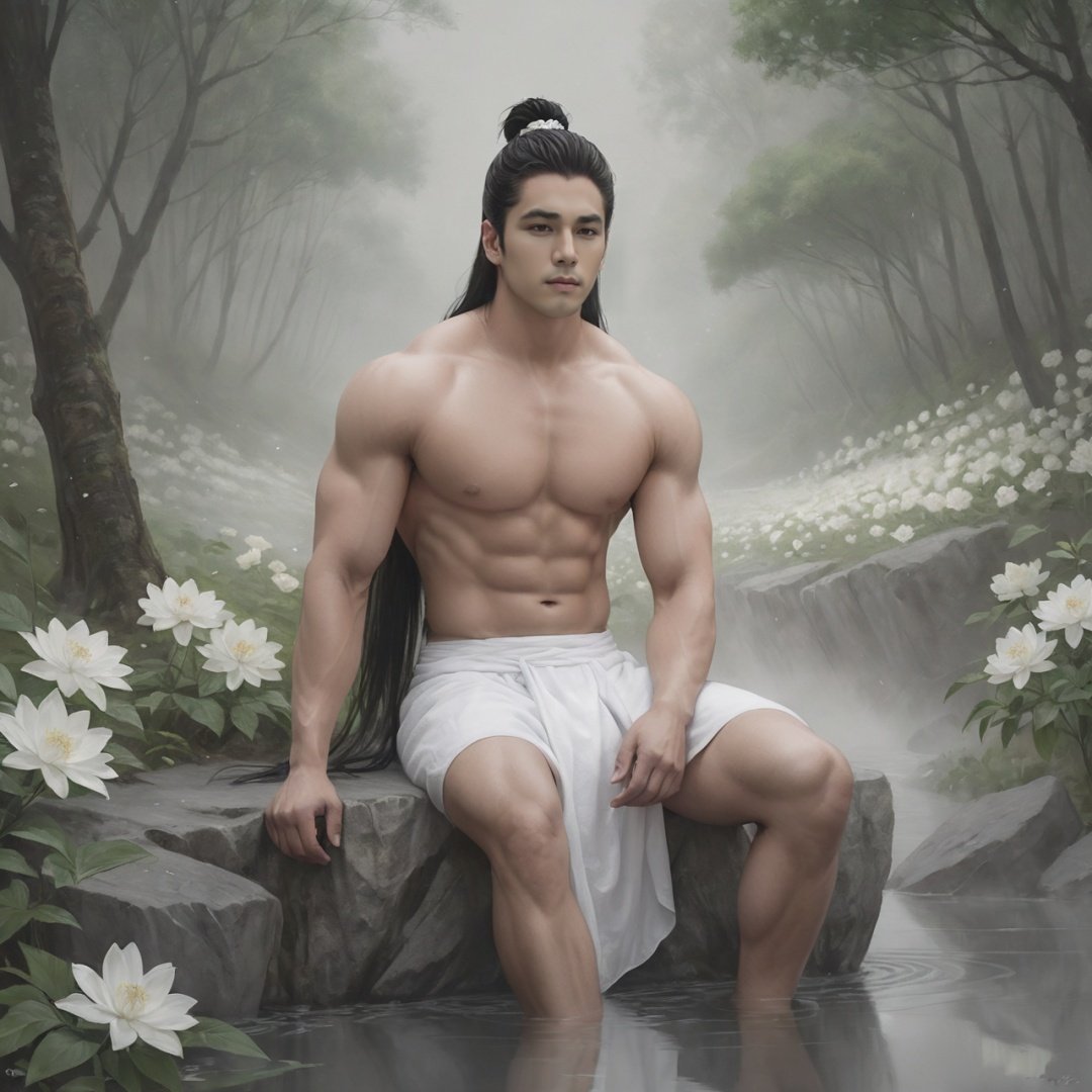 masterpiece, 1 Boy, Look at me, Handsome, Muscular development, Topless, Bun, Long black hair, Male focus, Sitting in a hot spring, Fog, outside, Deep in the forest, Fantasy art, artistic fusion, A large number of white flowers, Face me., The scars of the body, Realism, textured skin, super detail, best quality 