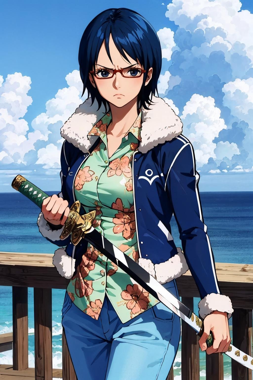 masterpiece, best quality, tashigi, short hair, glasses, blue jacket, fur trim, green shirt, blue pants, standing, sword, katana, furrowed brow, docks, ocean, holding weapon, KatanaOneHand <lora:tashigi-nvwls-v1-000010:0.9> <lora:UnlimitedBladeWorks1.6:0.7>