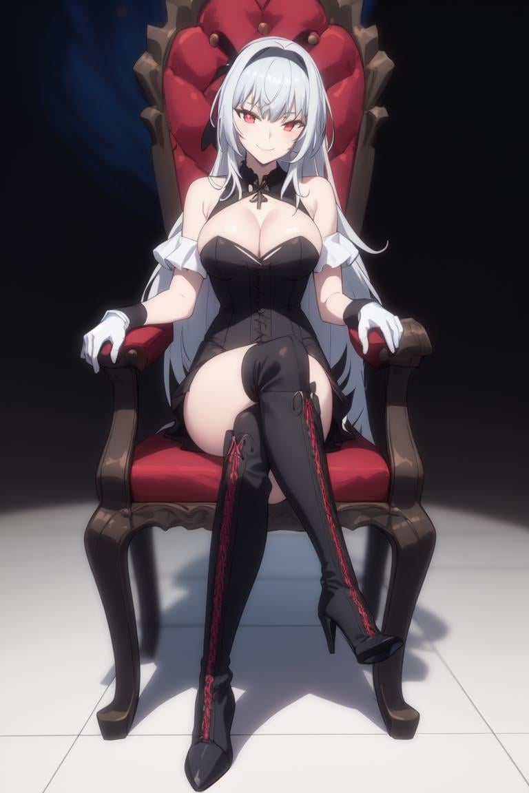 luminous valentine<lora:luminous valentineV1:0.7>1girl, boots, breasts, chair, cleavage, cross-laced_footwear, crossed_legs, gloves, high_heels, lace-up_boots, long_hair, looking_at_viewer, sitting, smile, solo, thighhighs, throne, white_gloves, white_hairmasterpiece, high quality, 4k