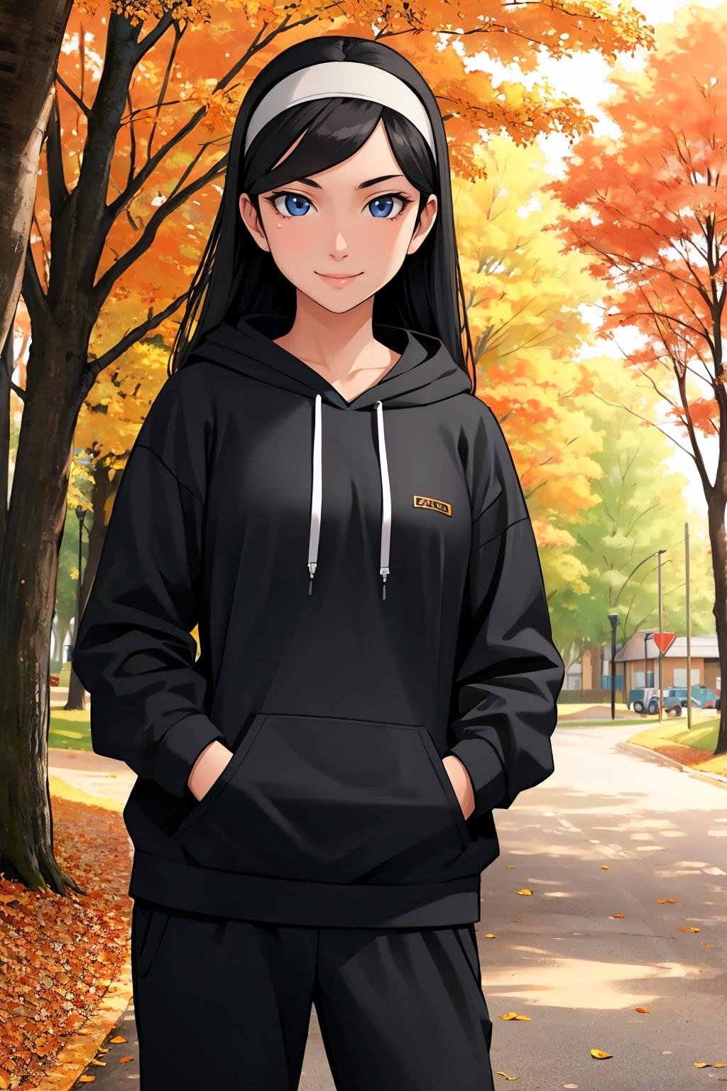 masterpiece, best quality,  <lora:kumashiromaya-nvwls-v1-000009:0.9> kumashiro maya, hairband, black hoodie, hand in pockets, sweatpants, cowboy shot, outdoors, autumn, smile