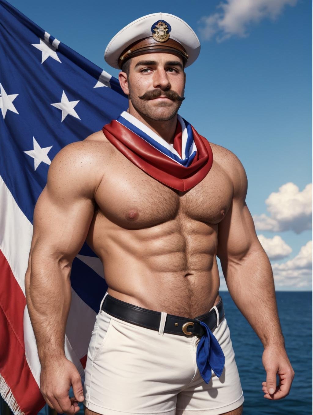 (GS-Masculine:1), (1boy), (front side view), close up shot, (looking at viewer), Very detailed handsome face, heroic, detailed realistic open eyes, (soft smile). (freckles), tan glowing skin, sexy vintage american pinup, mustache, patriotic backdrop, sailor attire, flexing, blue neckerchief scarf, ship captains hat, white casual shorts with a leather belt