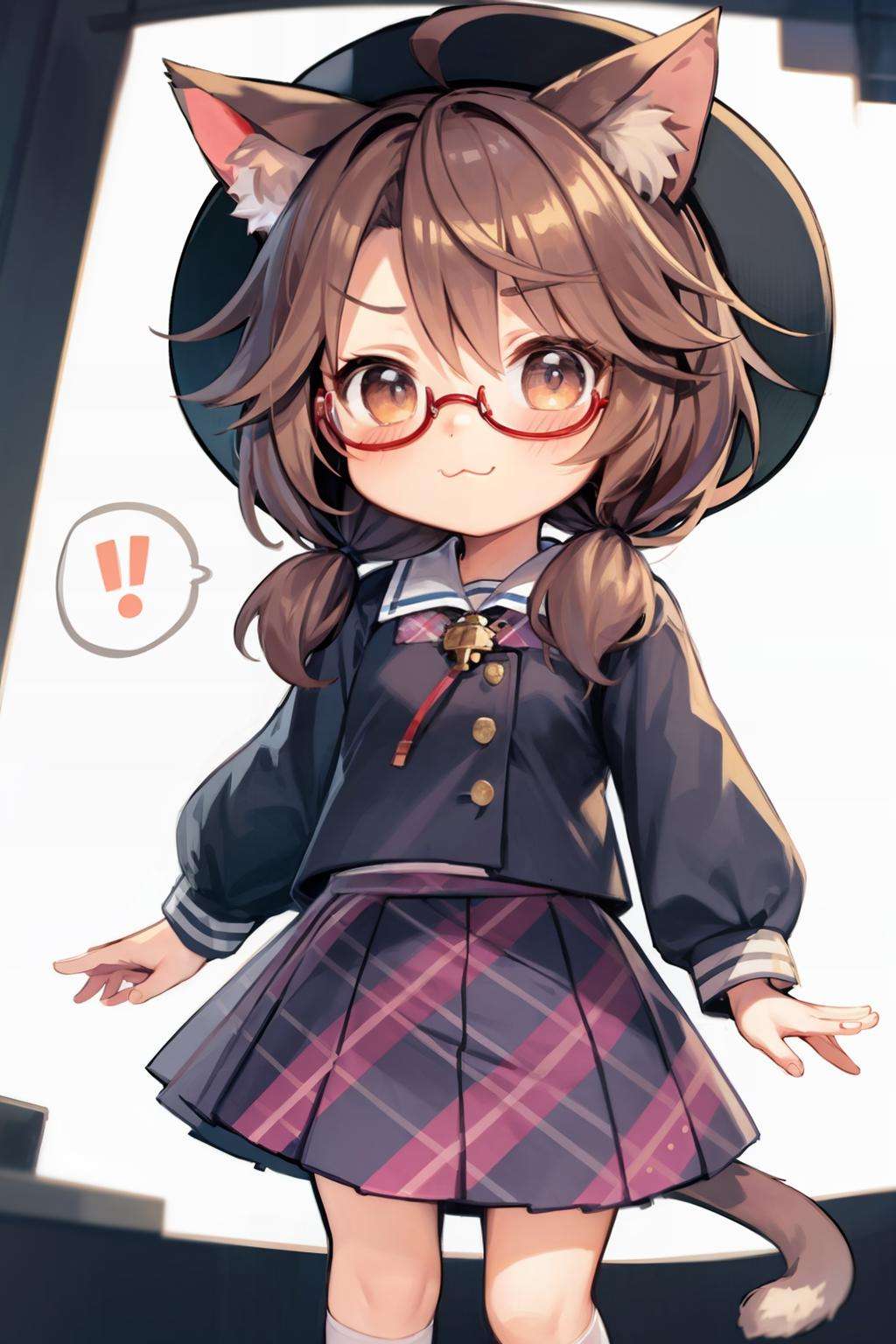 masterpiece, best quality,<lora:SumirekoUsami:1>,usami sumireko, 1girl, animal ears, tail, brown hair, hat, glasses, solo, ..., cat ears, cat tail, brown eyes, cat teaser, :3, red-framed eyewear, chibi, kemonomimi mode, spoken ellipsis, skirt, twintails, ahoge, school uniform