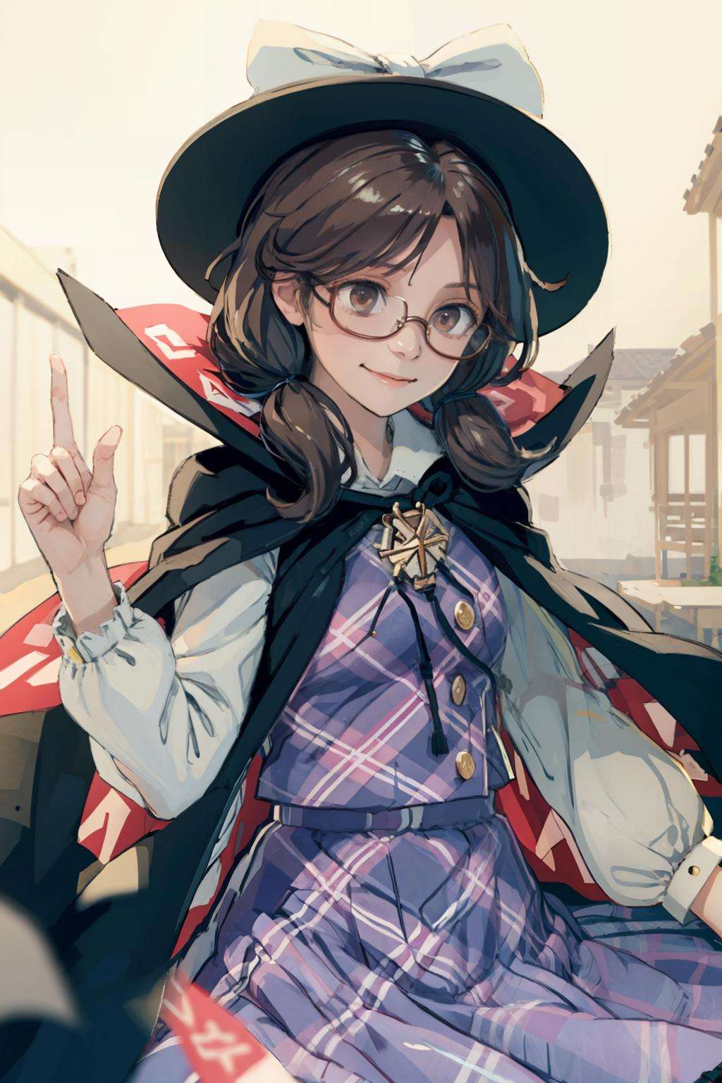 masterpiece, best quality,<lora:SumirekoUsami:1>,usami sumireko, 1girl,solo,hat,hat bow, brown hair,low twintails,glasses,brown eyes,cape,boo tie,plaid vest,shirt,plaid skirt,long sleeves, clothes writing,bolo tie, smile,outdoors,