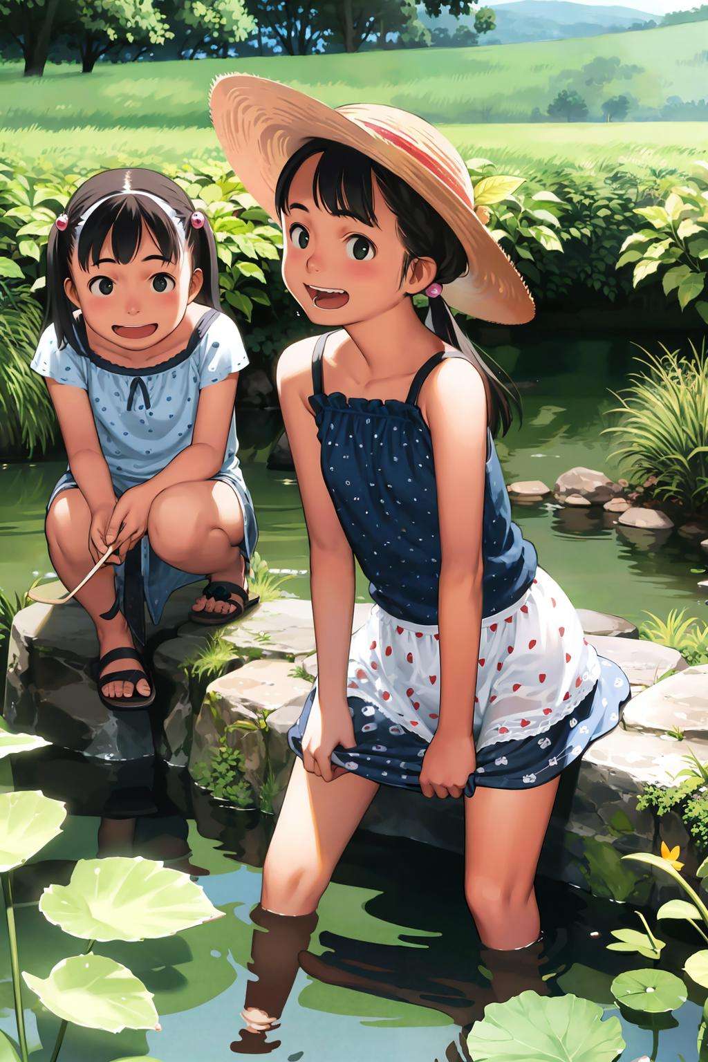 masterpiece, best quality,<lora:comiclo:1>,multiple girls, 3girls, fruit, food, watermelon, water, sandals, hat, black hair, hair bobbles, shorts, skirt, river, short hair, dappled sunlight, hairband, smile, outdoors, straw hat, hair ornament, dress, stream, open mouth, nature, rock, wading, sunlight, long hair, twintails, polka dot