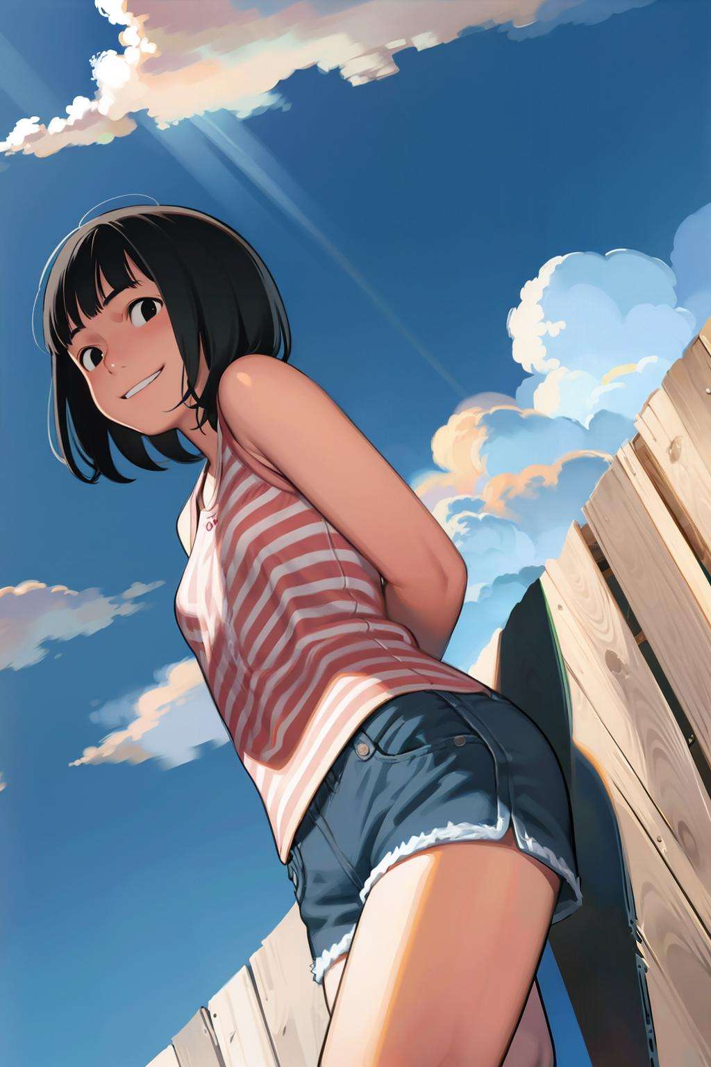 masterpiece, best quality,<lora:comiclo:1>,1girl, solo, shorts, short hair, from below, sky, cloud, denim shorts, black hair, day, denim, black eyes, smile, cutoffs, arms behind back, blue shorts, short shorts, bare shoulders, blue sky