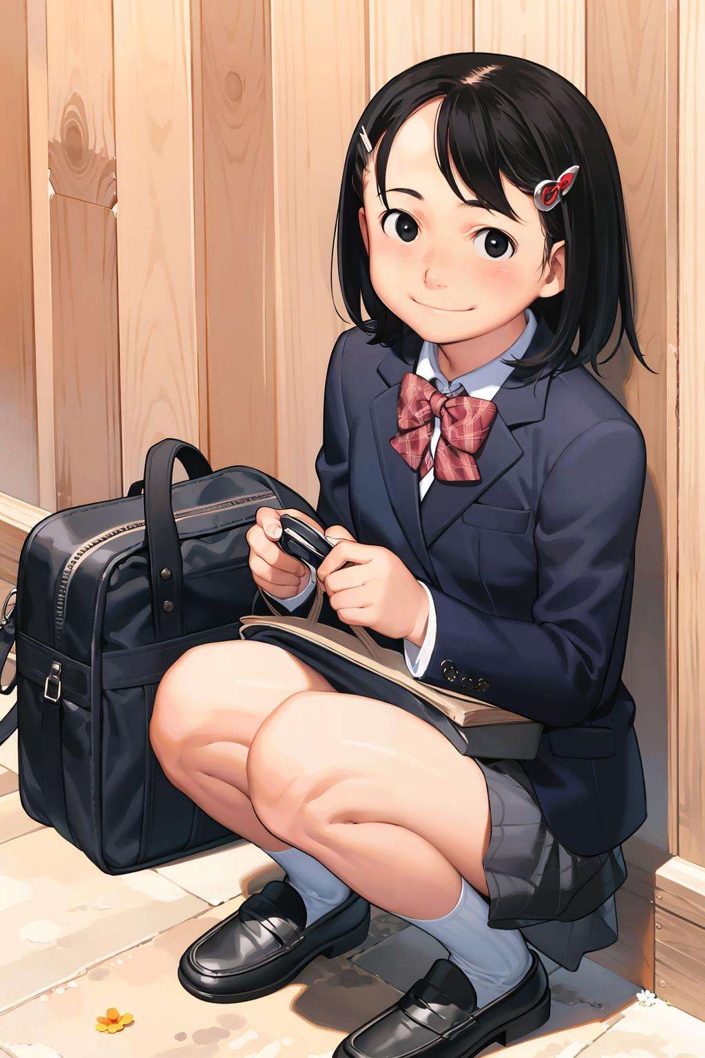 masterpiece, best quality,<lora:comiclo:1>,1girl, solo, flower, school uniform, black hair, bag, squatting, black eyes, jacket, skirt, blazer, school bag, hairclip, smile, hair ornament, socks, short hair, loafers, shoes