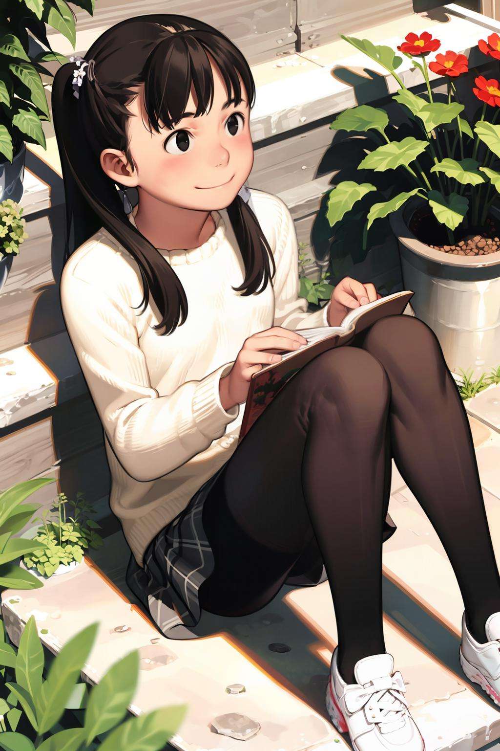 masterpiece, best quality,<lora:comiclo:1>,1girl, solo, pantyhose, sitting, flower, skirt, twintails, sitting on stairs, from above, black eyes, stairs, black hair, plaid skirt, legs, plaid, long hair, shade, smile, looking at viewer, black pantyhose, brown hair, looking up, own hands together, sunlight, brown eyes, long sleeves, plant, flower pot, book