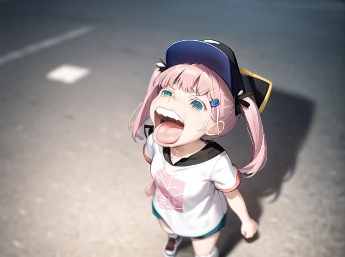 <lyco:Chopper-08:0.7> Choppermeme, bangs, multiple girls, shirt, hair ornament, hat, 2girls, twintails, blue hair, standing, jacket, pink hair, short sleeves, shoes, shorts, teeth, tongue, socks, hairclip, striped, blurry, aqua hair, from above, white jacket, looking up, yellow headwear