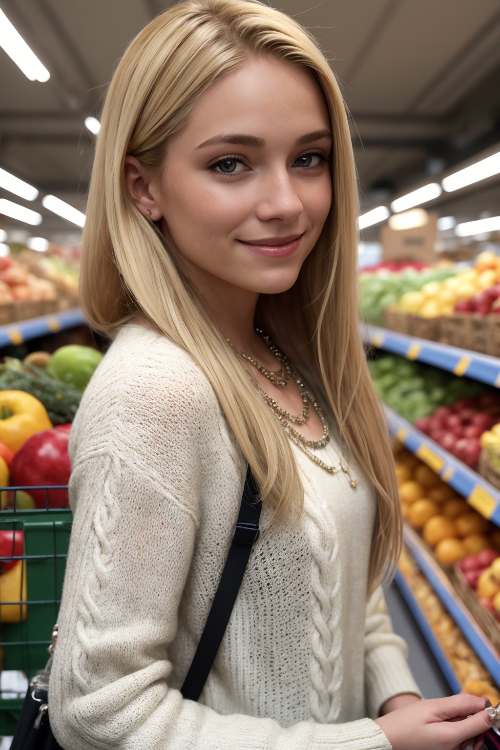 photo of annast0ck with long blonde hair, wearing a wool sweater, buying groceries in a crowded supermarket, happy face, necklace, slightly smiling,(masterpiece, best quality, high quality), hyperdetailed, highres, intricate detail, HDR, 8k, sharp focus, detailed background, perfect hands, realistic eyes, detailed skin texture, (blush:0.5), (goosebumps:0.5), subsurface scattering,