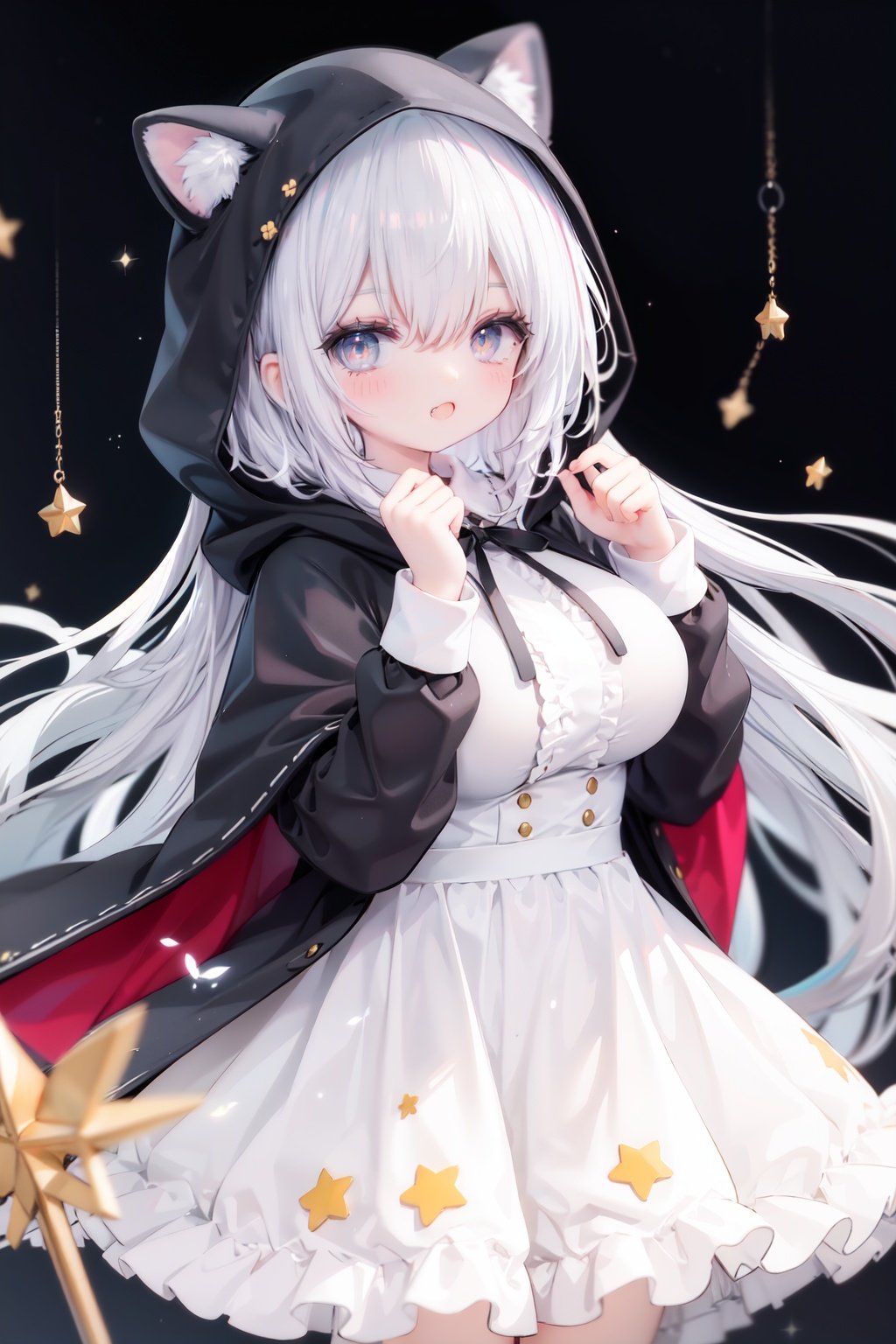 masterpiece, ((best quality)),  dynamic angle, chromatic aberration, ((colorful)),1girl, solo, hood, animal hood, breasts, frills, smile, hood up, yellow eyes, capelet, hair between eyes, blush, dress, long sleeves, looking at viewer, animal ears, large breasts, black ribbon, bangs, puffy long sleeves, :d, frilled dress, hand up, open mouth, white dress, puffy sleeves, hooded capelet, virtual *******r, frilled capelet, fang, white capelet, star (symbol)