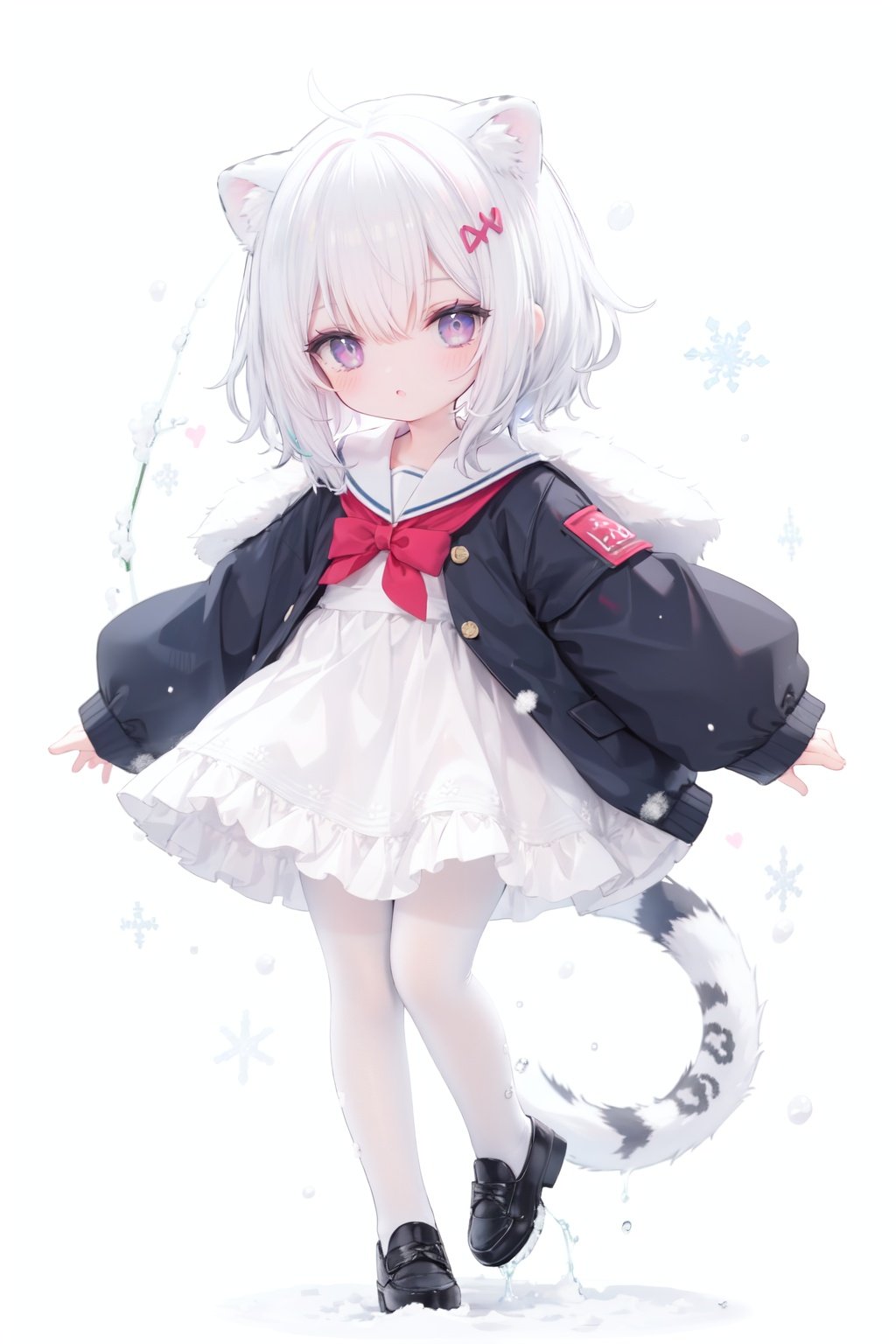 cute,Infant,solo blue shirt,blue sailor coat,loli,full body,white hair,snow leopard ear,white background,pink eyes,laugh,happy,white pantihose,white pantyhose,red armband,