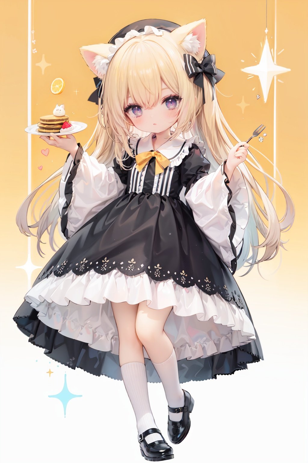 (cinematic lighting),  dreamy atmosphere,  Ray tracing,  (((solo))),  (loli:1.5),  (child:1.5),  (petite:1.5),  green eyes,  (animal ears),  dress,  solo,  food,  blonde hair,  open mouth,  long hair,  pancake,  flower,  holding,  bow,  smile,  fork,  bird,  socks,  looking at viewer,  shoes,  striped background,  holding fork,  bonnet,  striped,  frills,  long sleeves,  :d,  yellow dress,  bangs,  eyebrows visible through hair,  blush,  green nails,  hair bow,  nail polish,  diagonal stripes,  chick,  sparkle,  frilled dress,  orange bow,  fruit,  full body,  :3,  hair between eyes,  green bow,  puffy sleeves,  heart,  lemon,  orange footwear,  animal ear fluff,  white bow,  cat ears,  bobby socks,  orange headwear,  see-through sleeves,  blue background,  striped bow,  hair ornament,  white legwear,  mary janes