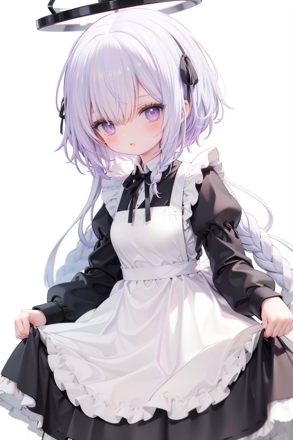 1girl,  solo,  apron,  long hair,  hair over one eye,  white background,  frills,  braid,  halo,  long sleeves,  dress,  simple background,  white hair,  white apron,  puffy sleeves,  very long hair,  frilled apron,  maid,  purple eyes,  ribbon,  parted lips,  maid apron,  bangs,  juliet sleeves,  black dress,  neck ribbon,  looking at viewer,  single braid,  blush