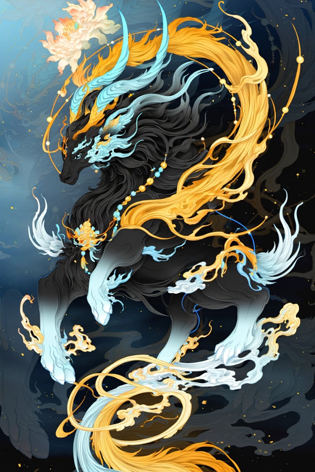 (best quality,4k,8k,highres,masterpiece:1.2),studio lighting,ultra-fine painting,sharp focus,physically-based rendering,extreme detailed,An ancient and majestic Chinese mythical creature,the Qilin,qilin,black body,no humans,Chinese mythology,mythical creature,celestial,regal,divine,ancient,serene,peaceful,harmonious,auspicious,ornate,graceful,elaborate design,magical,ethereal,guardian of prosperity,serenity,celestial beast,holiness,ceremonial appearance,hooves and mane,horn,divine presence,beauty and grace,auspicious creature,mythical energy,,,