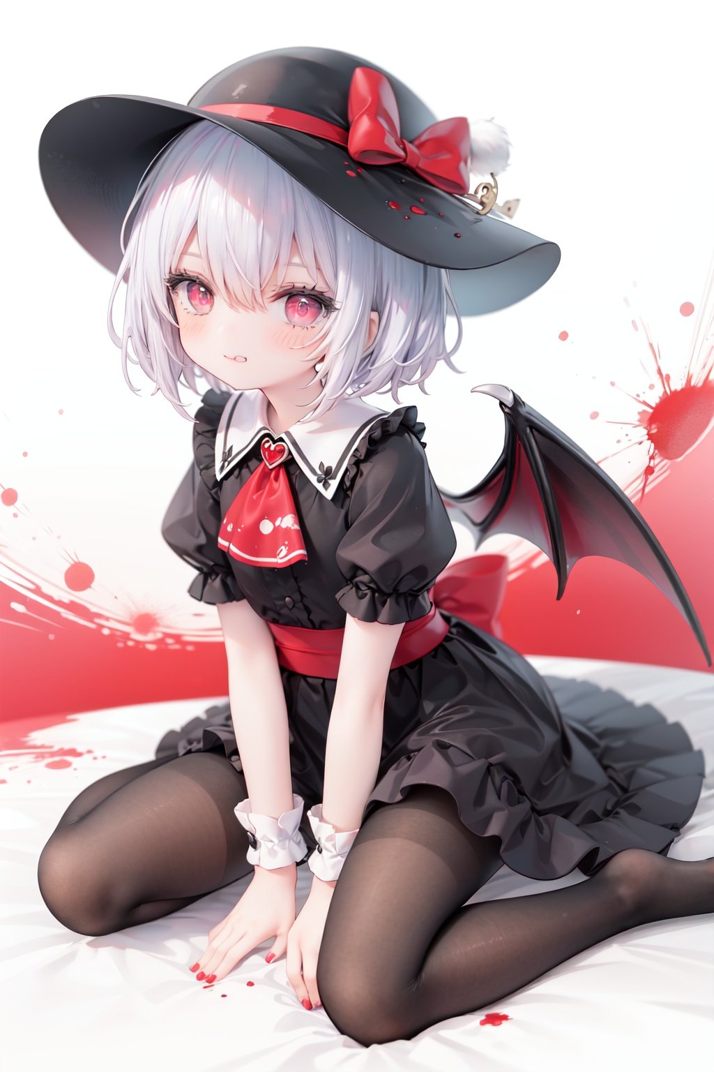 (little girl:1.4), (child:1.4),(petite:1.4), (loli:1.4),,,((solo:1.3)).,1girl, solo, wings, red eyes, hat, remilia scarlet, red background, mob cap, bat wings, ascot, blood, short sleeves, bow, short hair, ribbon, blood on hands, looking at viewer, simple background, full body, puffy sleeves, hat ribbon, blood on face, dress, brooch, red nails, pantyhose, red bow, puffy short sleeves, smile, black pantyhose, wrist cuffs, red ribbon, sitting, jewelry, red ascot, frills, hair between eyes, skirt, white dress, fingernails, sash, shirt, nail polish, no shoes, red theme, sharp fingernails, bangs, tongue, hat bow, grey hair, closed mouth, tongue out, white headwear, slit pupils, blood on clothes, skirt set, hand up, frilled sleeves, invisible chair, white skirt, vampire, frilled shirt collar/.,\nSolo,Battle, {{{{{Slash}}}}},Killing,Attacker,{{Fierce movement}},Ninja,Bloodstain,Core shadow,splatter,{Blood},{{{{Battle scene}}}},angry,Intricate,,{{{Dynamic angle}}},{Stylish pose},{High contrast,Extremely detailed CG unity 8K wallpaper} Sense of movement,blurry background,Kaotic,Lunatic,[[[[[hyper paint, rough design, flat color]]]]],Grin,Whole body,Colorful background,Intricate,Girl wearing black suit,Looking at viewers,{{Stylish}},Persona 5 style art,{{{all out attack(persona 5)}}}