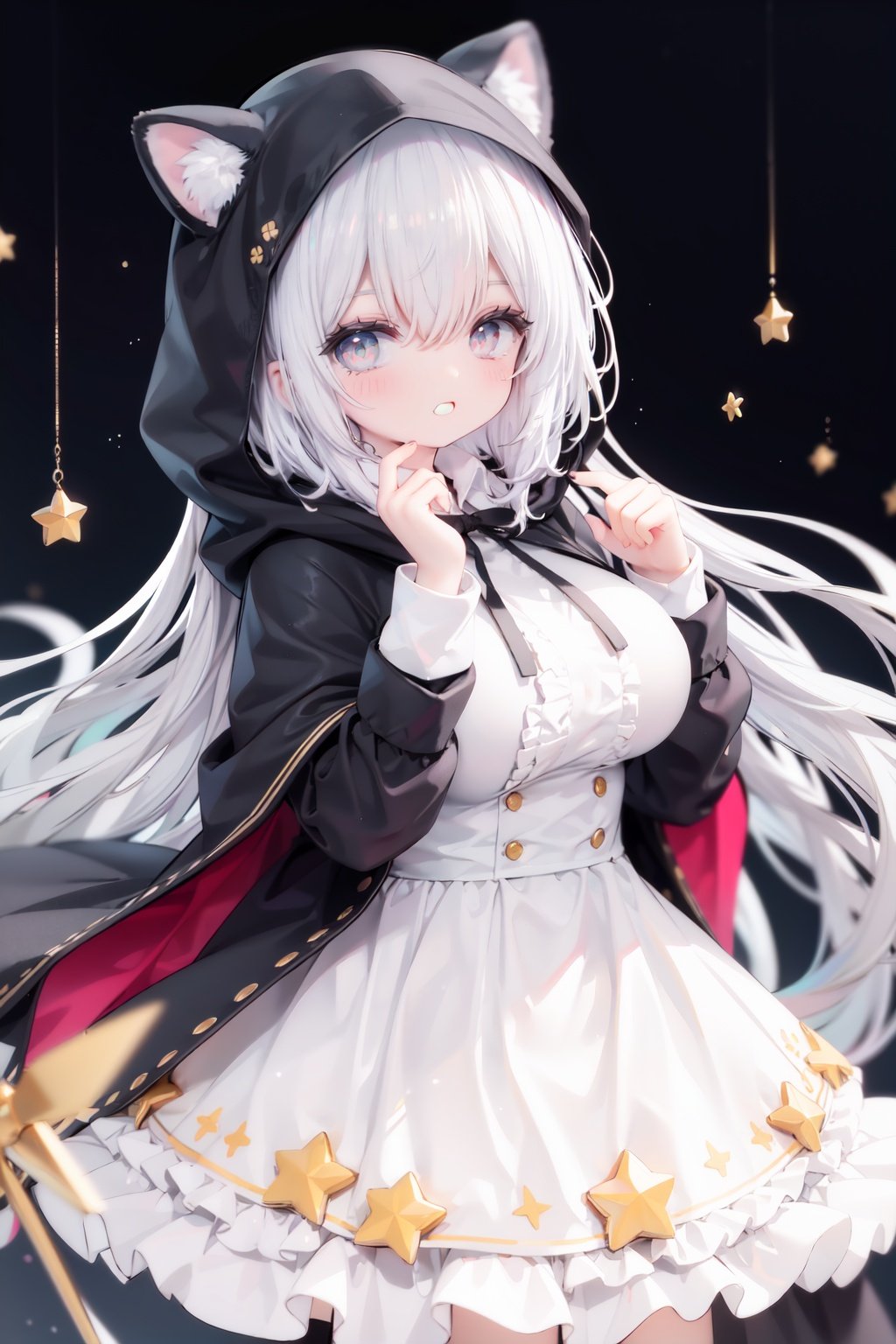 masterpiece, ((best quality)),  dynamic angle, chromatic aberration, ((colorful)),1girl, solo, hood, animal hood, breasts, frills, smile, hood up, yellow eyes, capelet, hair between eyes, blush, dress, long sleeves, looking at viewer, animal ears, large breasts, black ribbon, bangs, puffy long sleeves, :d, frilled dress, hand up, open mouth, white dress, puffy sleeves, hooded capelet, virtual *******r, frilled capelet, fang, white capelet, star (symbol)