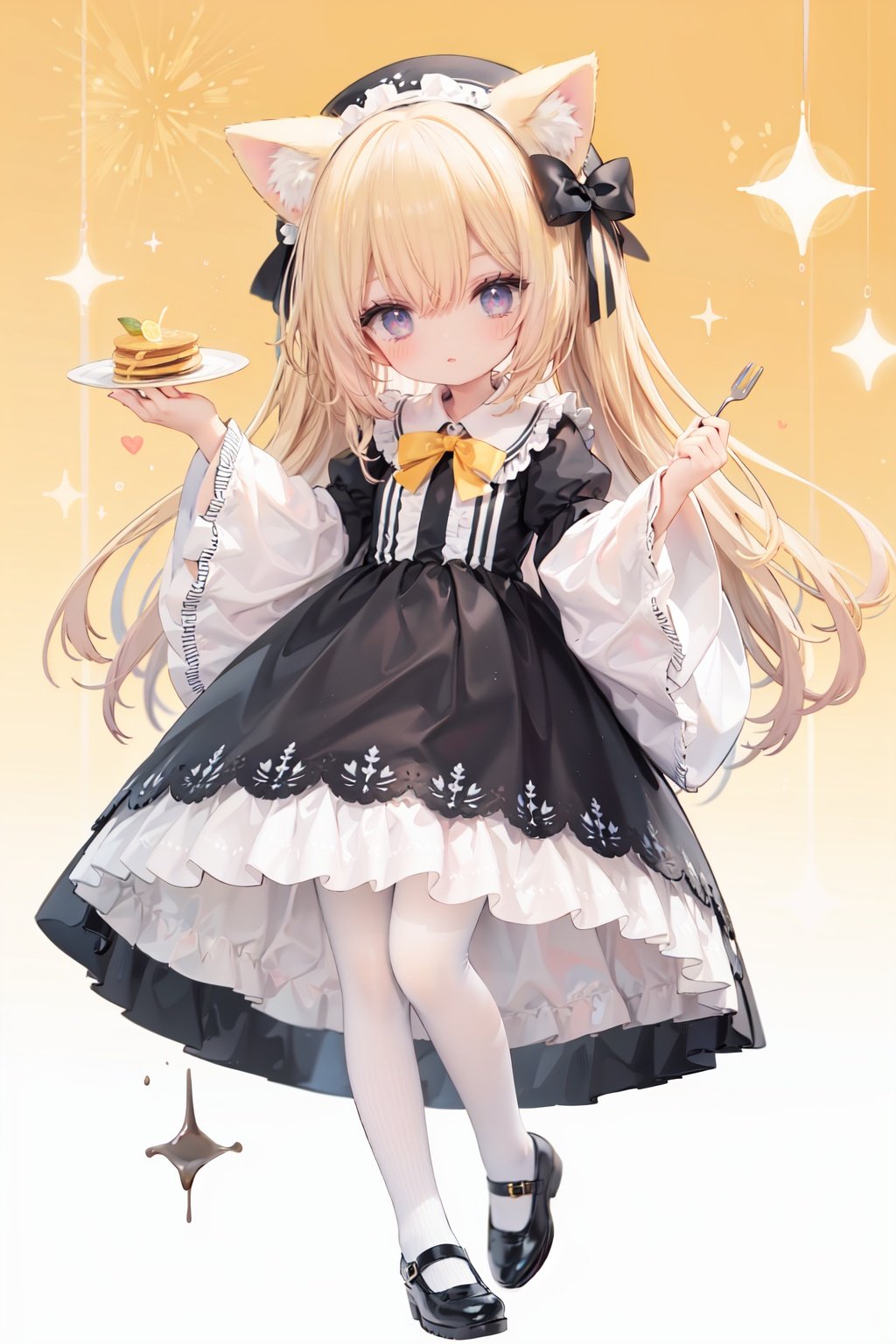 (cinematic lighting),  dreamy atmosphere,  Ray tracing,  (((solo))),  (loli:1.5),  (child:1.5),  (petite:1.5),  green eyes,  (animal ears),  dress,  solo,  food,  blonde hair,  open mouth,  long hair,  pancake,  flower,  holding,  bow,  smile,  fork,  bird,  socks,  looking at viewer,  shoes,  striped background,  holding fork,  bonnet,  striped,  frills,  long sleeves,  :d,  yellow dress,  bangs,  eyebrows visible through hair,  blush,  green nails,  hair bow,  nail polish,  diagonal stripes,  chick,  sparkle,  frilled dress,  orange bow,  fruit,  full body,  :3,  hair between eyes,  green bow,  puffy sleeves,  heart,  lemon,  orange footwear,  animal ear fluff,  white bow,  cat ears,  bobby socks,  orange headwear,  see-through sleeves,  blue background,  striped bow,  hair ornament,  white legwear,  mary janes