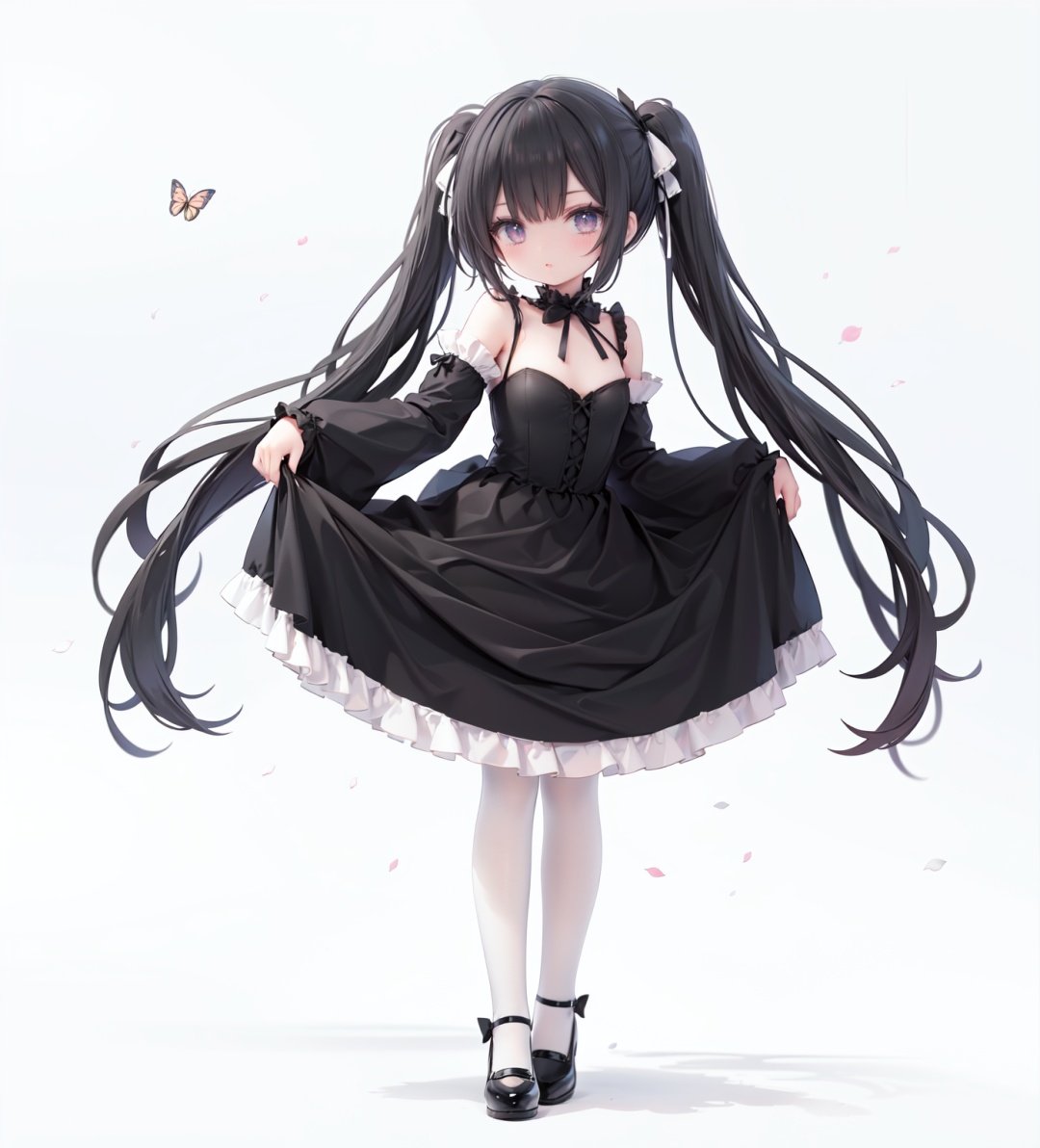 masterpiece, ((best quality)),  dynamic angle, chromatic aberration, ((colorful)),1girl, solo, black hair, long hair, dress, butterfly, bug, twintails, black footwear, lolita fashion, very long hair, pantyhose, black dress, long sleeves, bow, full body, bangs, flower, puffy sleeves, standing on one leg, shoes, white pantyhose, hair bow, looking at viewer, grey eyes, frills, standing, gothic lolita, blush, juliet sleeves, black bow, frilled dress, white flower, rose, closed mouth, skirt hold, petals, wide sleeves, mary janes, white rose