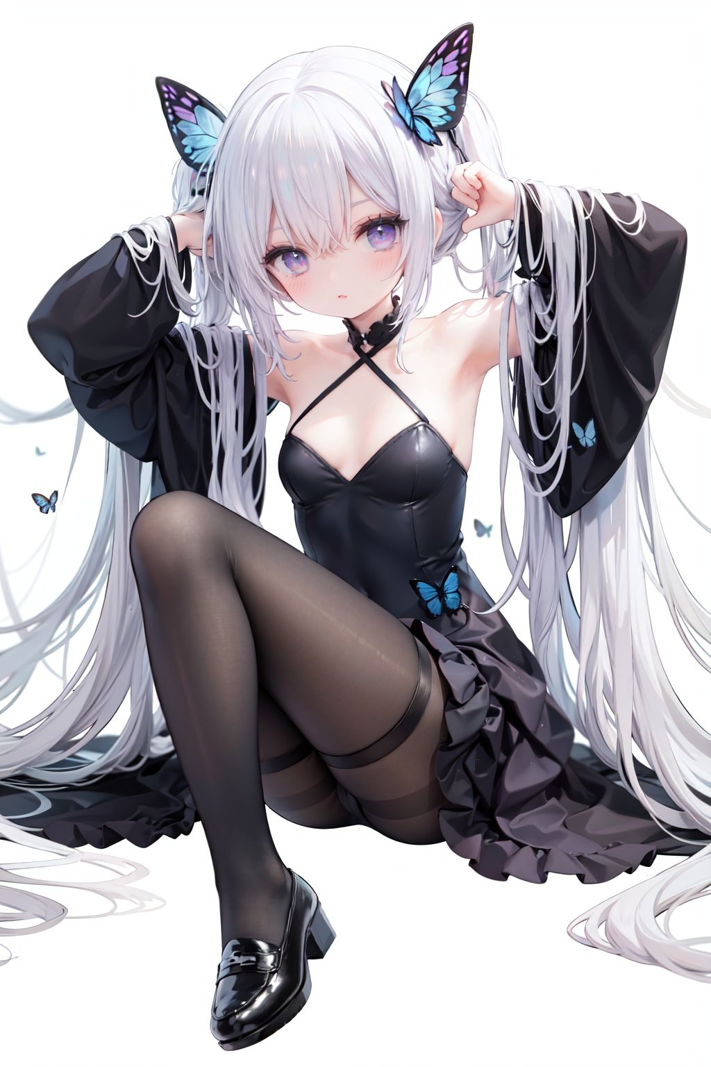 masterpiece, ((best quality)),  dynamic angle, chromatic aberration, ((colorful)),1girl, long hair, solo, very long hair, butterfly, pantyhose, bug, thigh strap, black dress, dress, looking at viewer, white hair, black footwear, blue butterfly, blue eyes, long sleeves, breasts, twintails, detached sleeves, absurdly long hair, bangs, full body, hair ornament, wide sleeves, brown pantyhose, blush, sitting, white background, butterfly hair ornament, small breasts, closed mouth, shoes, purple eyes, black pantyhose, hair between eyes, arms up, covered navel