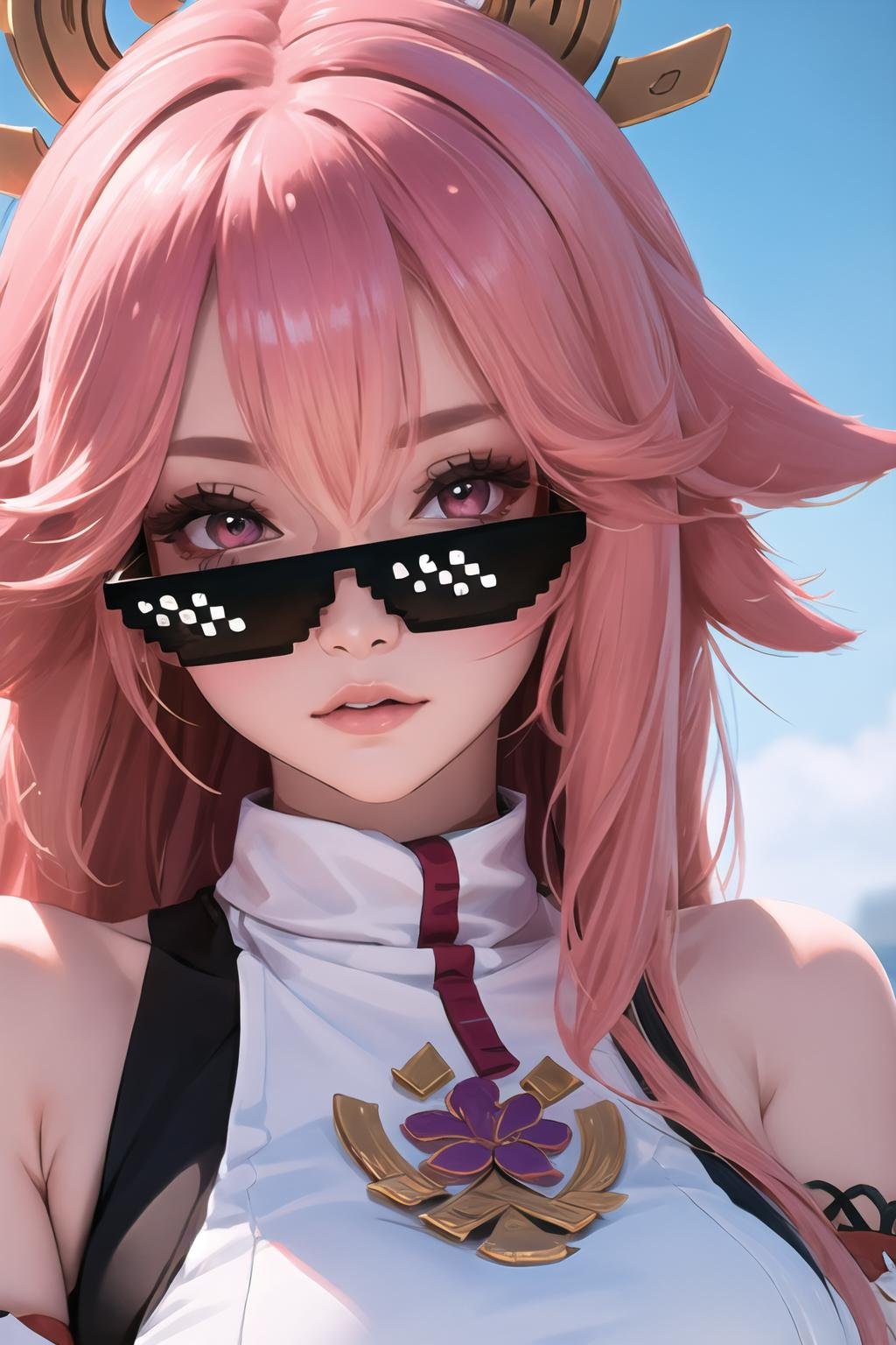 Highly detailed, High Quality, Masterpiece, beautiful, incrsdealwithit, sunglasses, <lora:DealWithIt2:1>, yae miko, long hair, pink hair, animal ears, bare shoulders, <lora:Char_GenshinImpact_YaeMiko:0.8>