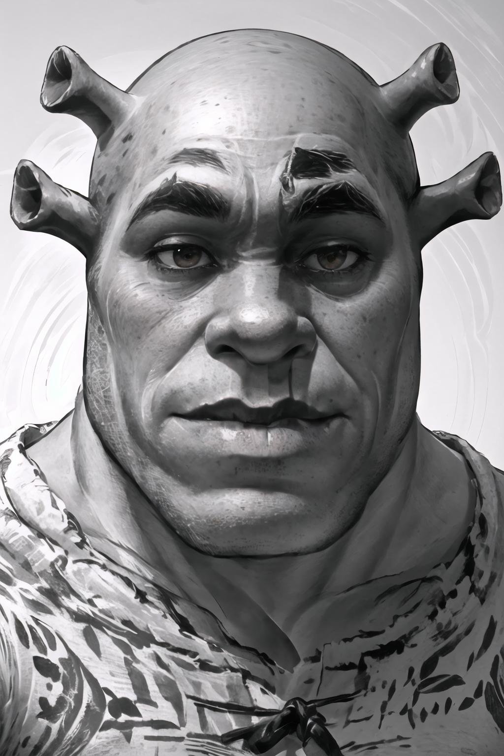 Highly detailed, High Quality, Masterpiece, beautiful, <lora:GigaChad_in_Front:0.85>, IncursioGigaFront, monochrome, greyscale, portrait, straight-on, shrex, ogre, shrek, <lora:Char_Sigmas_Shrek:1>, bald, 