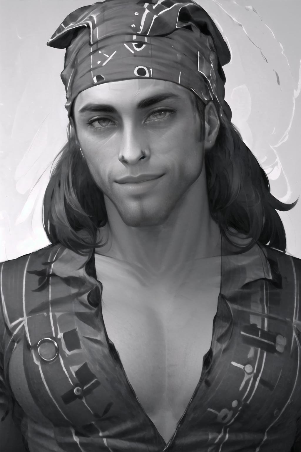 Highly detailed, High Quality, Masterpiece, beautiful, <lora:GigaChad_in_Front:1>, IncursioGigaFront, monochrome, greyscale, portrait, straight-on, Ricardo, bandana on the head, <lora:Char_Sigmas_RicardoMilos:0.9>