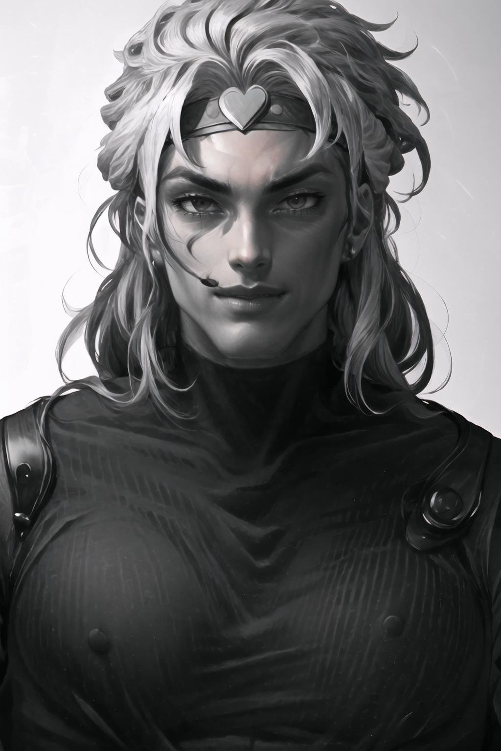 Highly detailed, High Quality, Masterpiece, beautiful, <lora:GigaChad_in_Front:1>, IncursioGigaFront, monochrome, greyscale, portrait, straight-on, dio, headband,  <lora:Char_Sigmas_Dio:0.9>