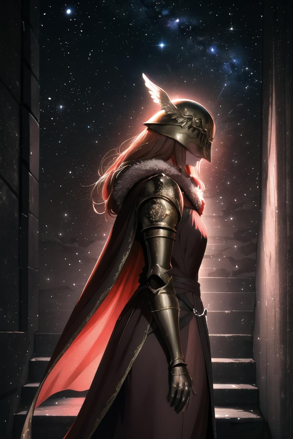 Highly detailed, High Quality, Masterpiece, beautiful, 1girl, solo, Malenia,  <lora:Malenia:1>, armor, red cape, helmet, brown dress, ghostdom, night, backlight, flowers:0.5, stairs, (milky way), (dark environment), (leo zodiac sign), <lora:Style_DarkIncursioStyle:1>, from side, 