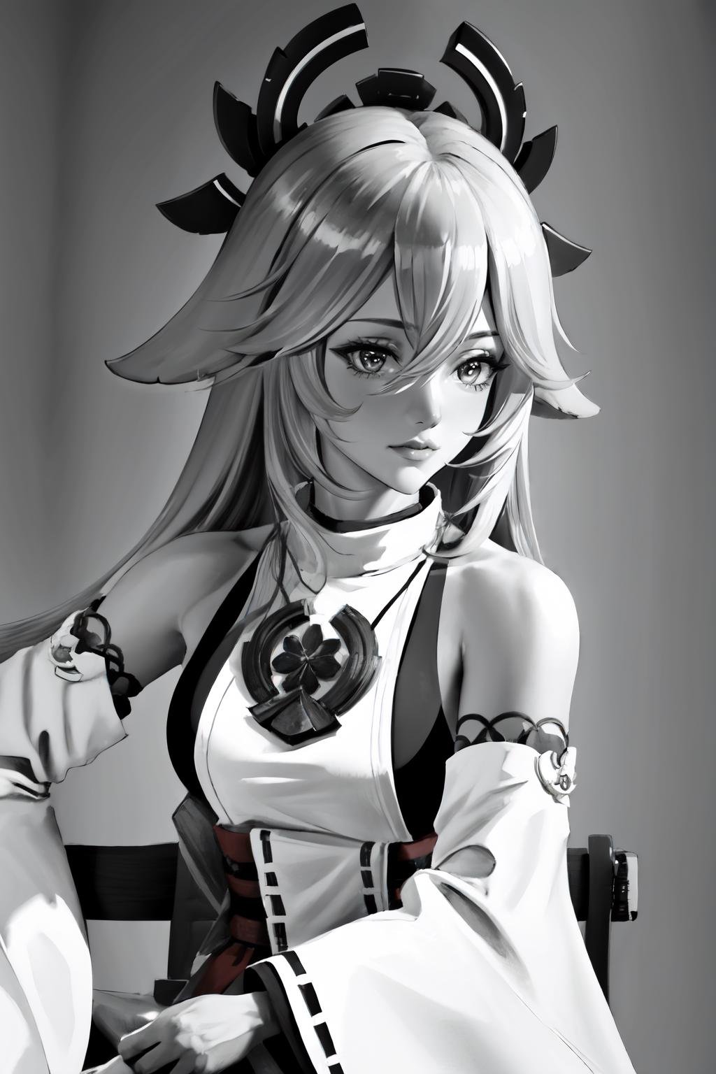 Highly detailed, High Quality, Masterpiece, beautiful, IncursioGigaSitting,  <lora:GigaIncursioSitting:1>, 1girl, yae miko, long hair, animal ears, <lora:Char_GenshinImpact_YaeMiko:1>, greyscale, monochrome,