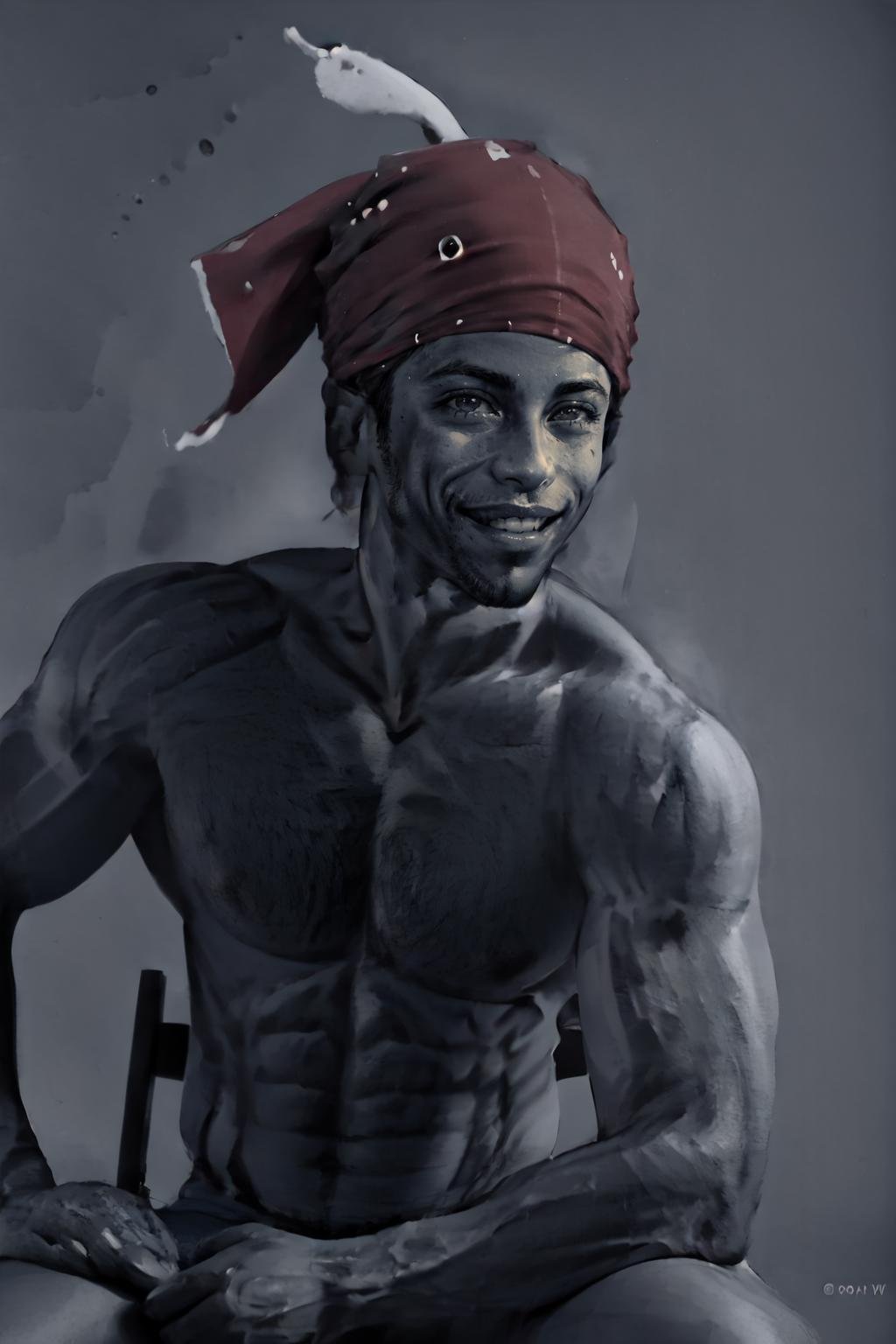 Highly detailed, High Quality, Masterpiece, beautiful, IncursioGigaSitting, greyscale, monochrome, <lora:GigaIncursioSitting:0.8>, 1boy, Ricardo, red bandana on the head, <lora:Char_Sigmas_RicardoMilos:0.9>, smile:0.6, ((closed mouth)), 