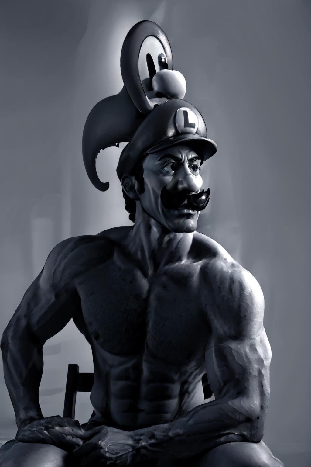 Highly detailed, High Quality, Masterpiece, beautiful, IncursioGigaSitting, greyscale, monochrome, <lora:GigaIncursioSitting:1>, 1boy, Luigi, <lora:Char_MarioSeries_Luigi:0.8>