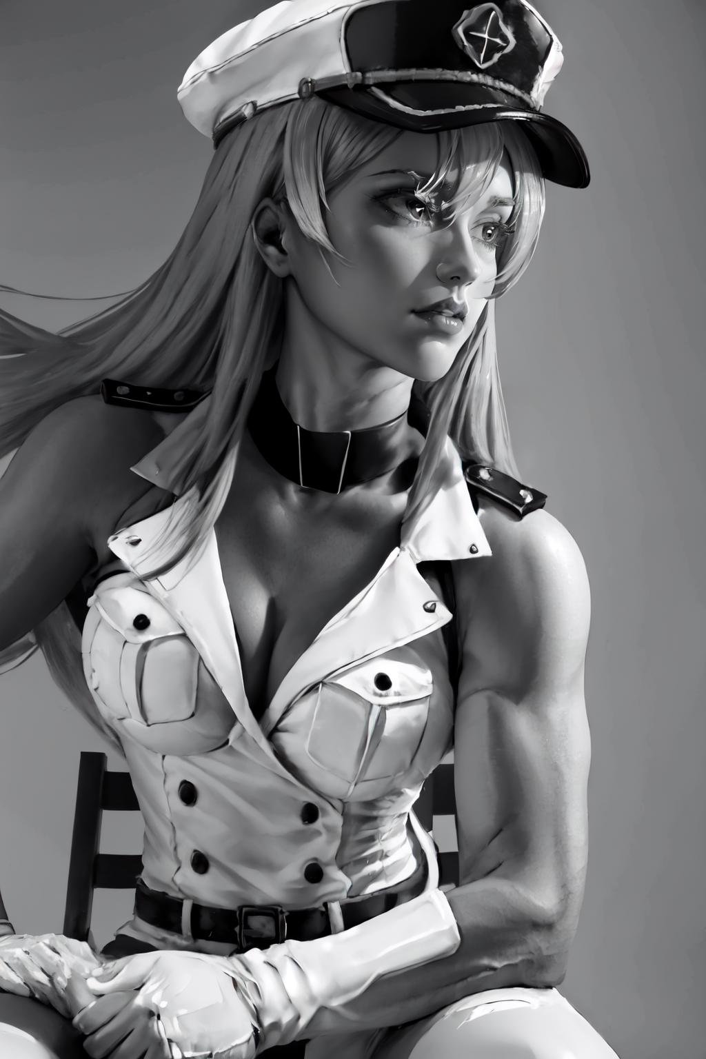 Highly detailed, High Quality, Masterpiece, beautiful, IncursioGigaSitting, greyscale, monochrome, <lora:GigaIncursioSitting:1>, 1girl, Esdeath (akame ga kill), Esdeath, long hair, very_long_hair,  medium breasts, military uniform, military cap, full-arm-gloves, gloves, cross_ornaments, collar, <lora:Char_AkameGaKill_Esdeath:0.6>