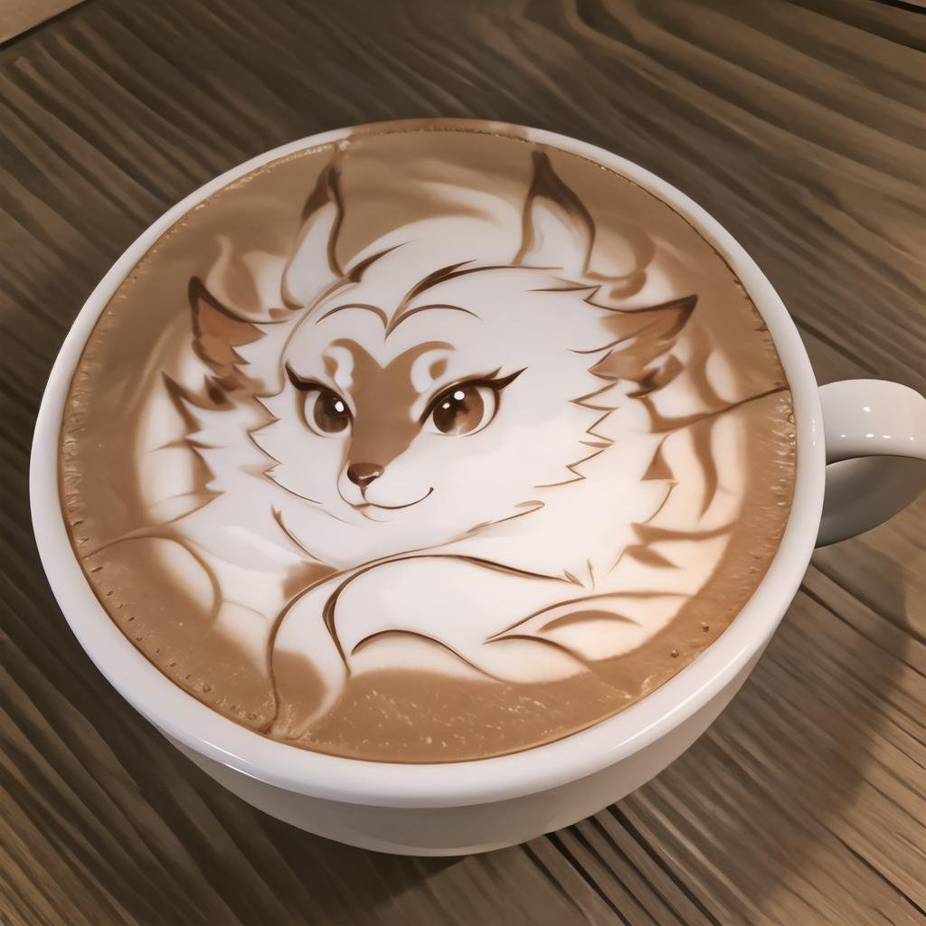 Highly detailed, High Quality, Masterpiece, beautiful, coffee, latte, LatteArt, latte art, food art, <lora:LatteArt-07:1>, 1girl, YaeMikoFox, no humans, <lora:Char_GenshinImpact_YaeMikoFox:1>