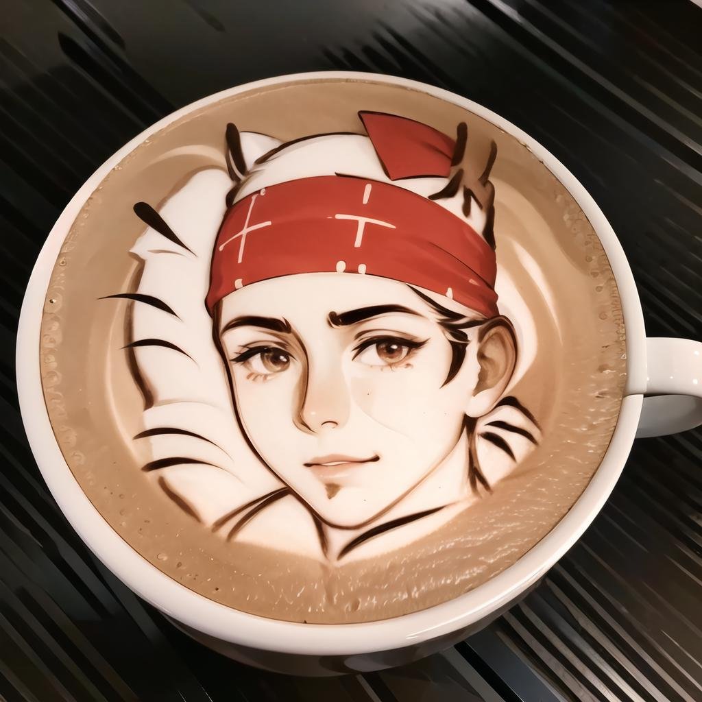 Highly detailed, High Quality, Masterpiece, beautiful, coffee, latte, LatteArt, latte art, food art, <lora:LatteArt-07:1>, Ricardo, red bandana on the head, <lora:Char_Sigmas_RicardoMilos:0.9>