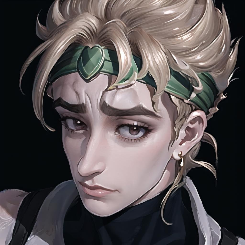 Highly detailed, High Quality, Masterpiece, beautiful, 1boy, solo, NoBitches, <lora:NoBitchesMeme:1.1>, dio, headband,  <lora:Char_Sigmas_Dio:0.9>