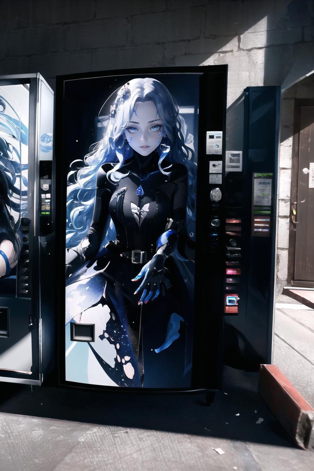 Highly detailed, High Quality, Masterpiece, beautiful, 1girl, solo, VendingMaschine, vending machine, <lora:VendingMaschine:1>, Ranni, wavy hair, blue skin, cracked skin, extra arms, dress, <lora:Char_EldenRing_Ranni:0.7>